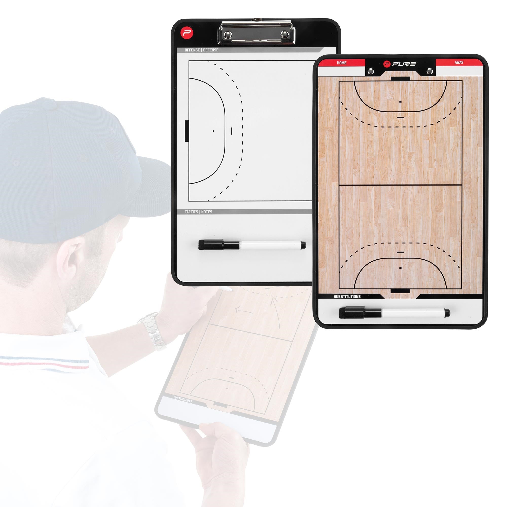 Taktiktafel med basketballfelt, en spiller og en pen.