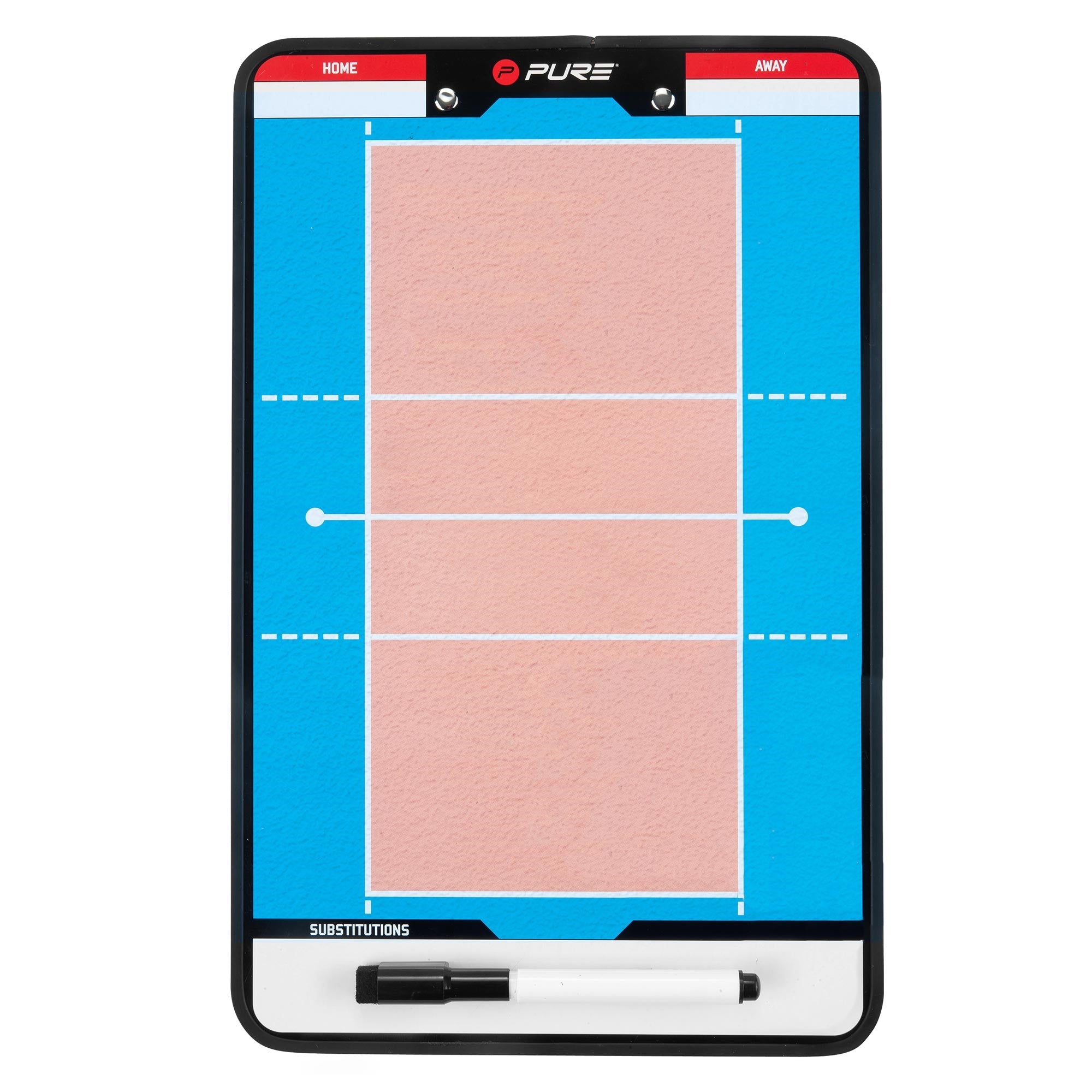 Ein Taktikboard für Volleyball mit Markierungen und einem Stift.