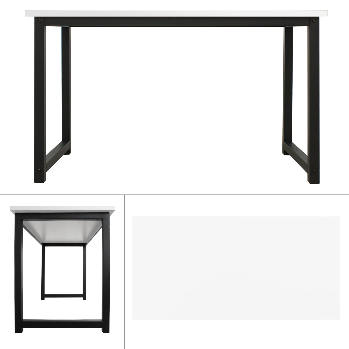 Une table avec un cadre noir et un plateau de table blanc.