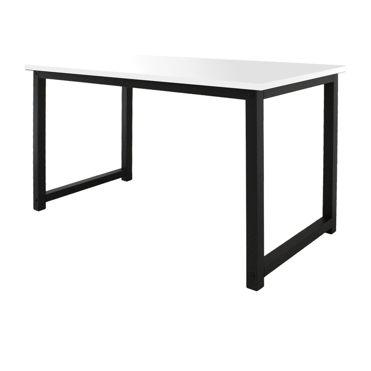 Table blanche avec un cadre noir, rectangulaire et stable.
