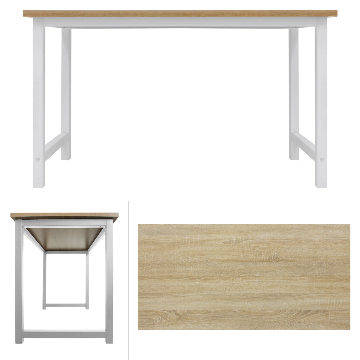 Wooden table with white legs, view from below and tabletop.