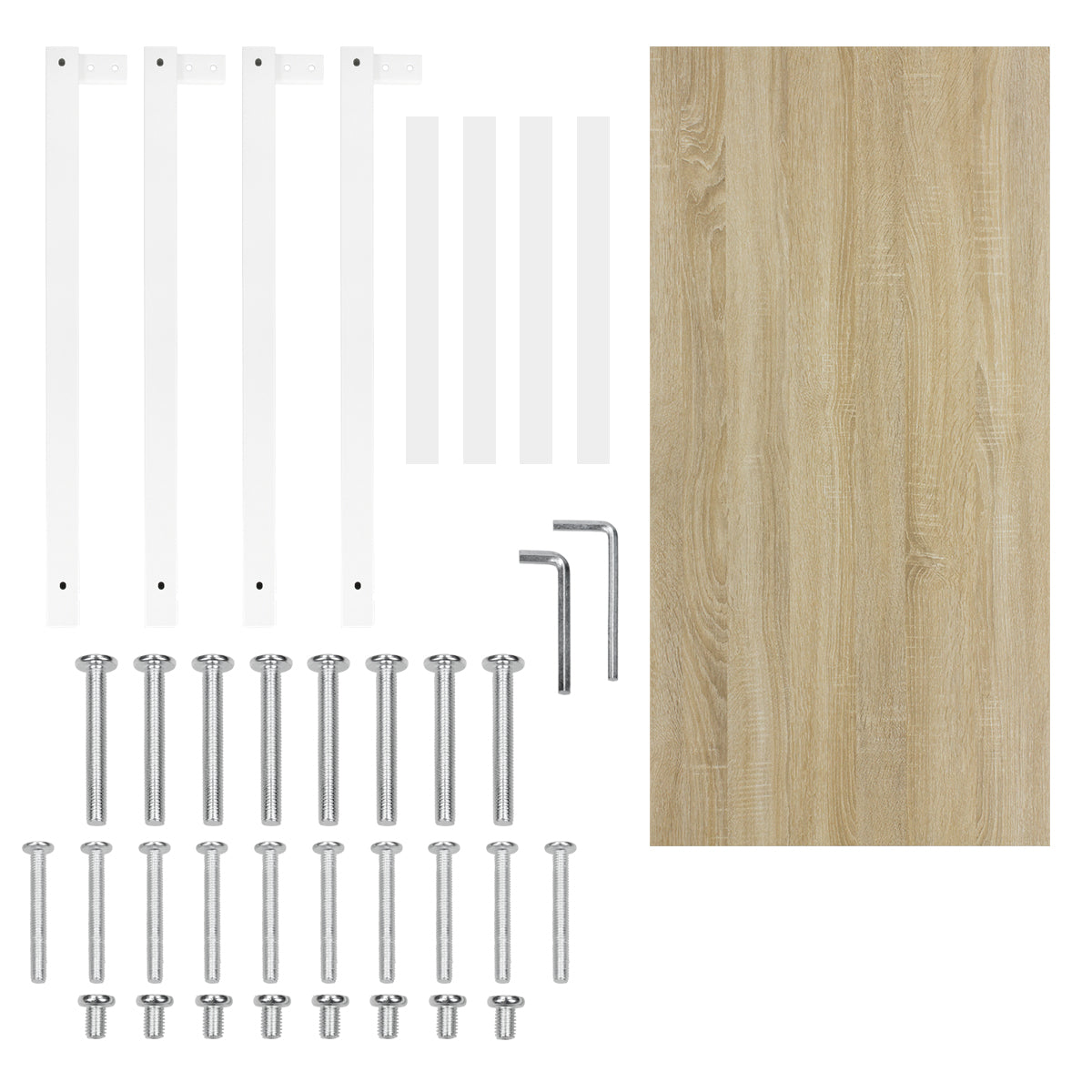 A set with tabletops, screws, and metal parts for furniture construction.