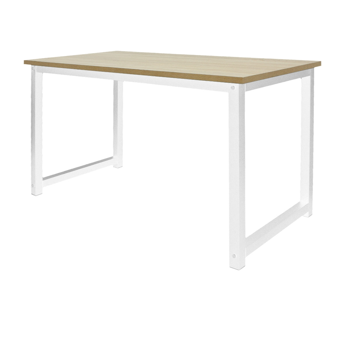 Wooden table with white metal legs, rectangular shape.
