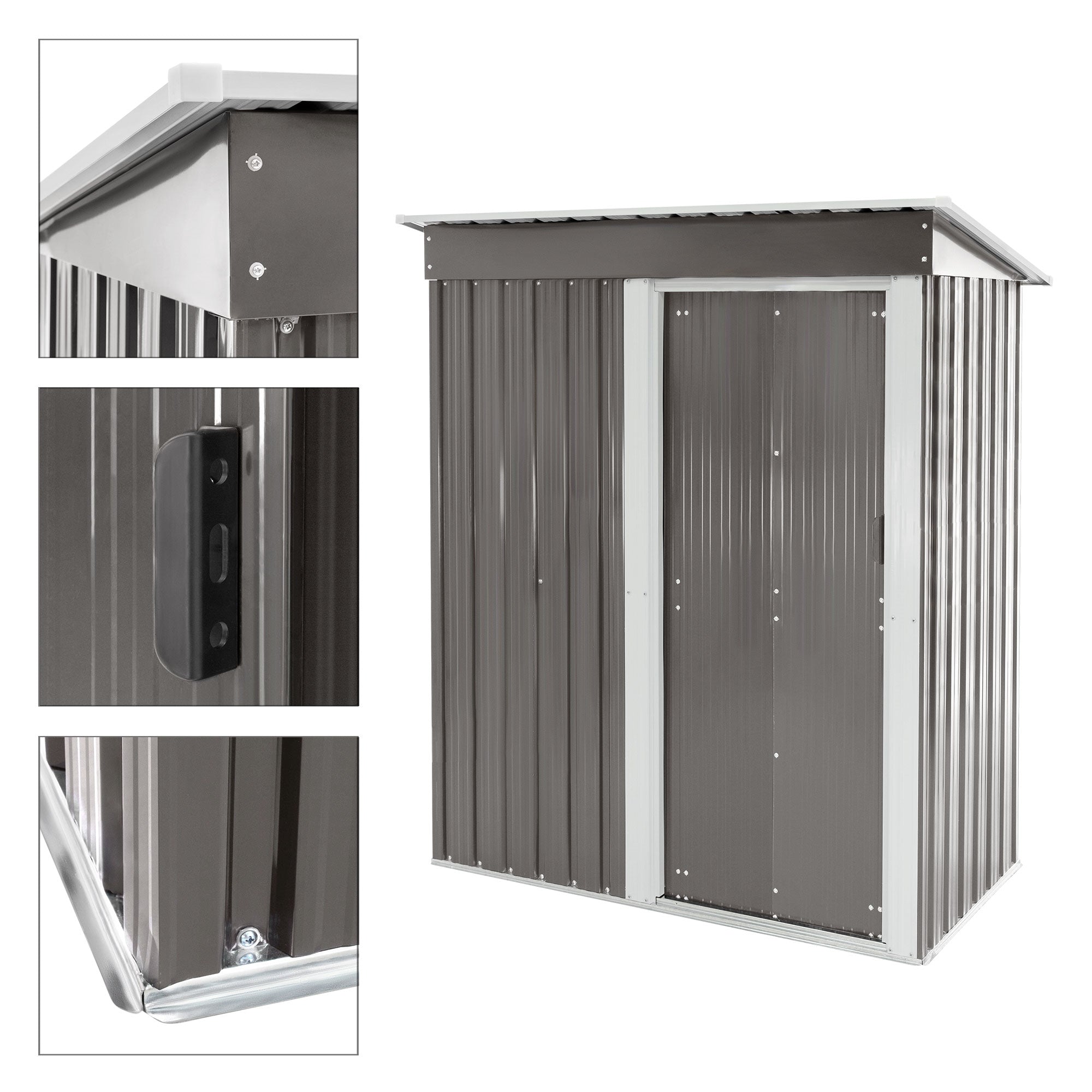 Metallgartenhaus mit grauen Wänden und Doppeltür, aus verschiedenen Perspektiven.