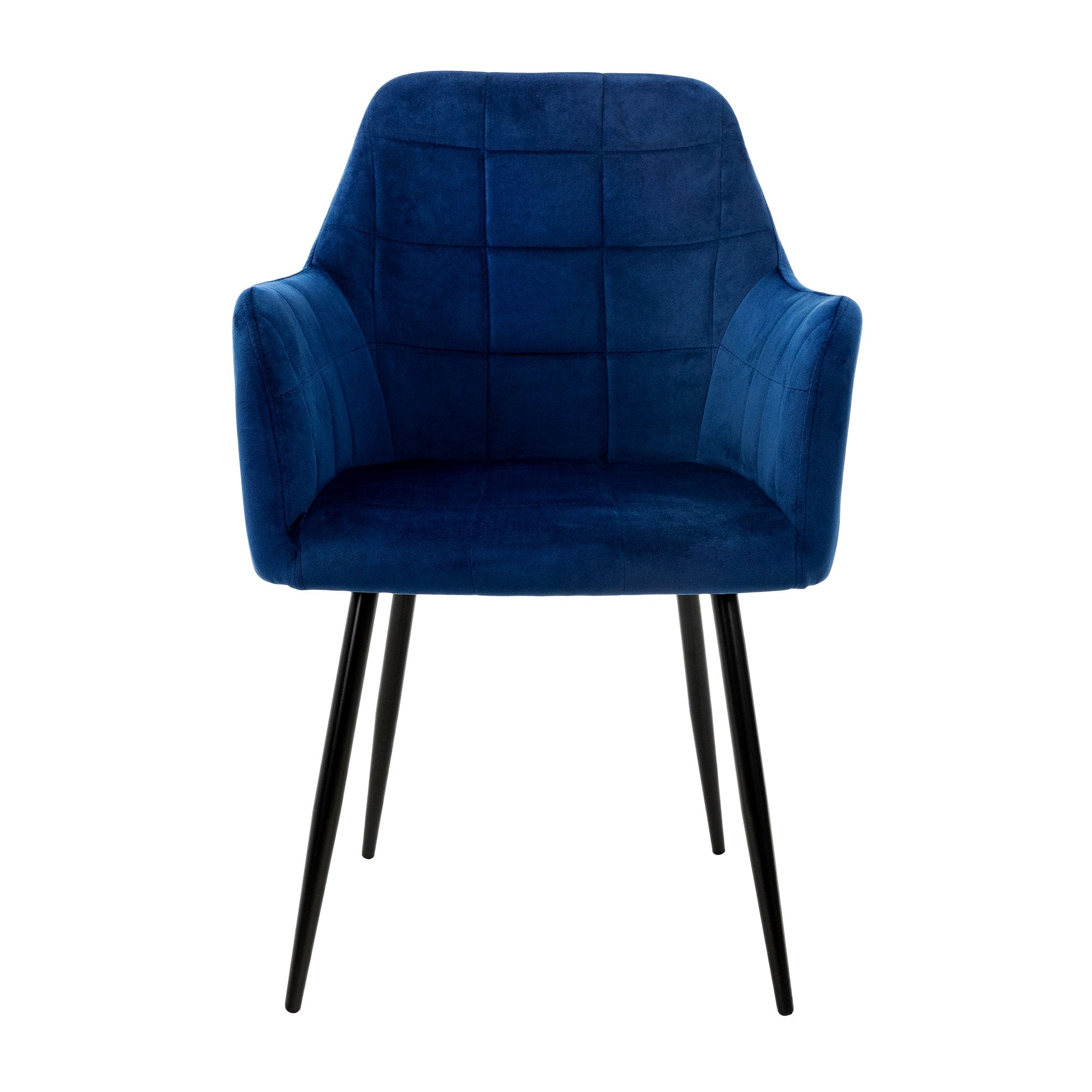Blaue Stuhlansicht von vorne, gepolstert mit quadratischem Muster.