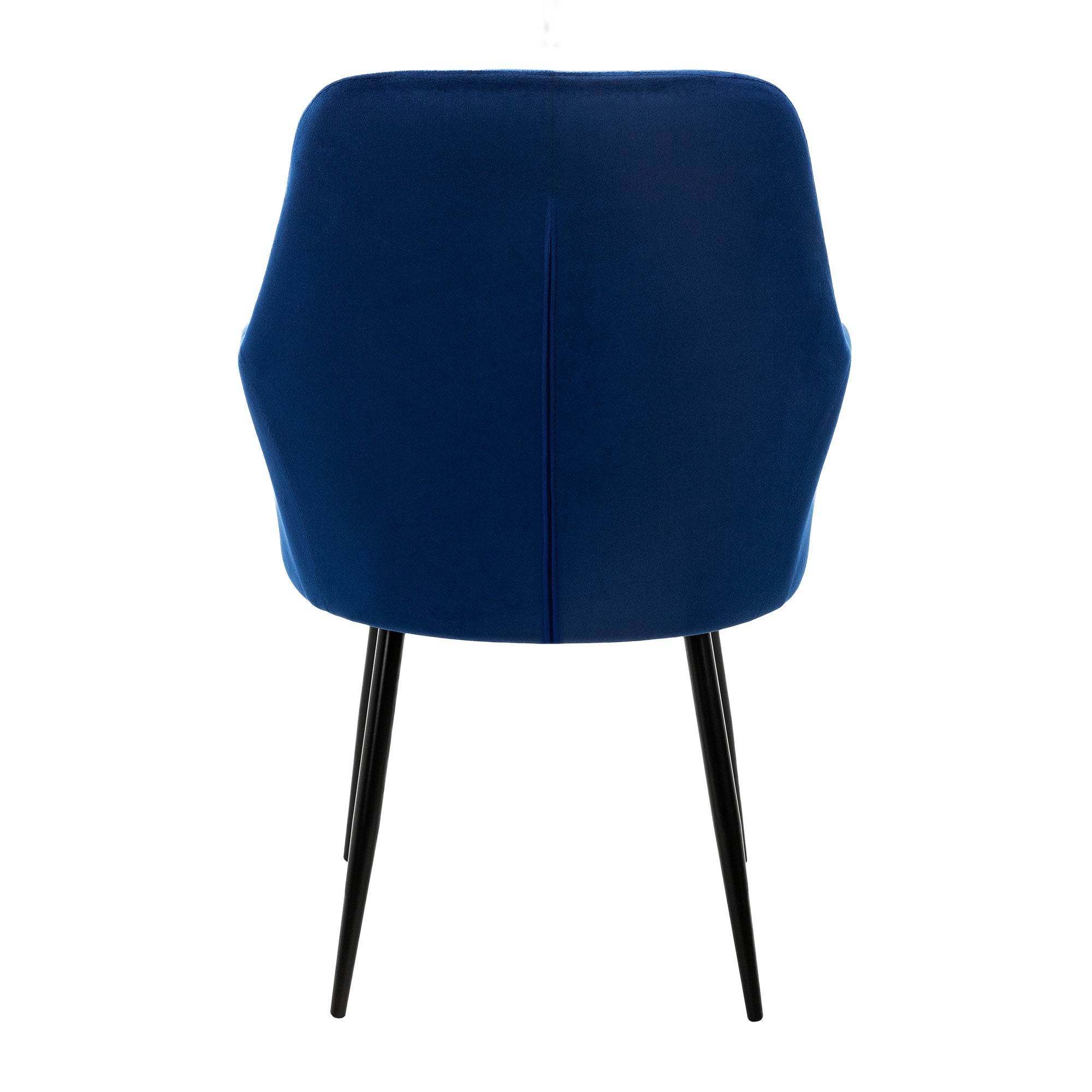 Rückansicht eines blauen Samt-Stuhls mit schwarzem Gestell.
