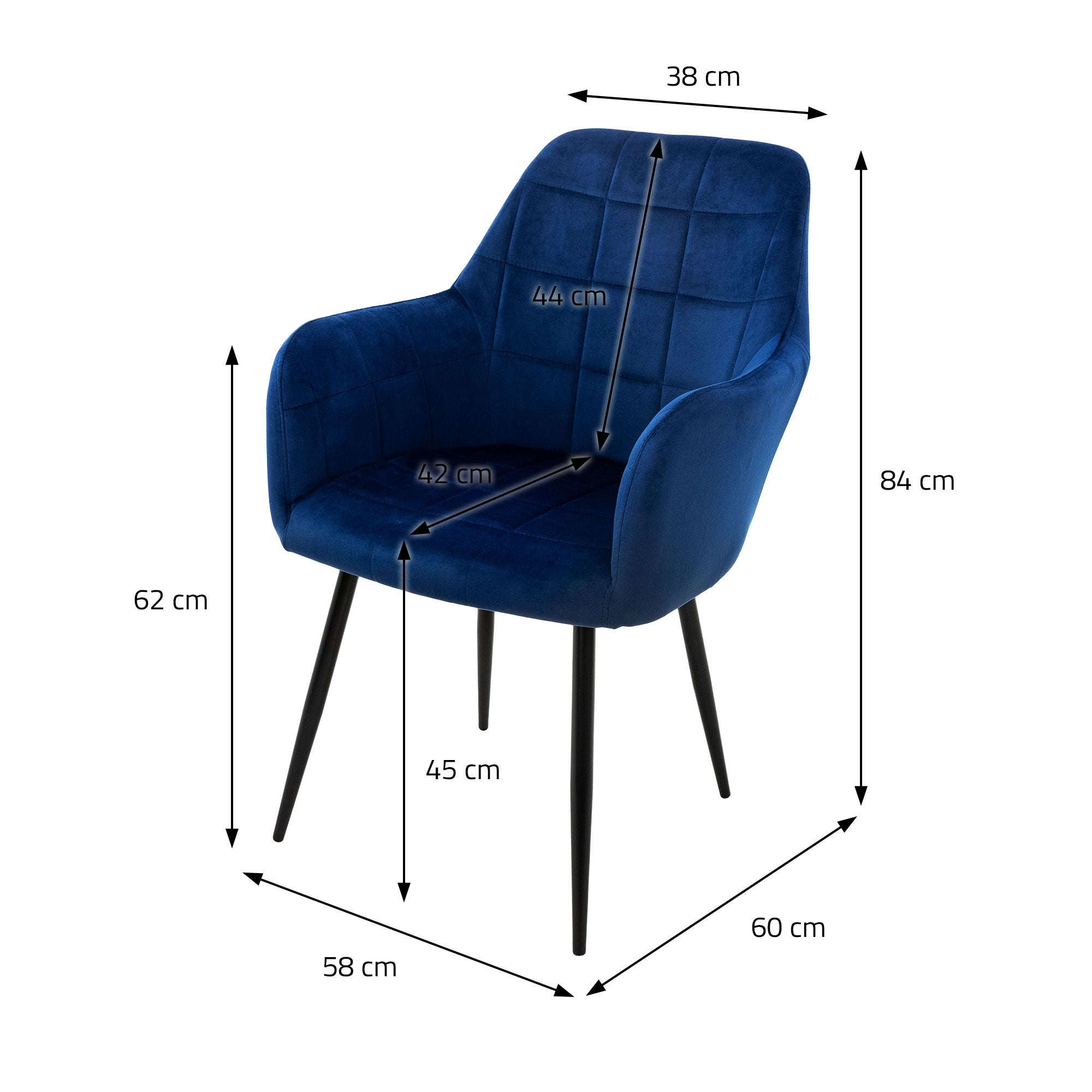 Blauer Stuhl mit Maßangaben für Höhe und Breite.