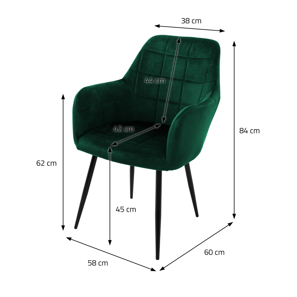 Grüner Stuhl mit Maßen: Höhe 84 cm, Breite 60 cm, Tiefe 58 cm, Sitzhöhe 45 cm.