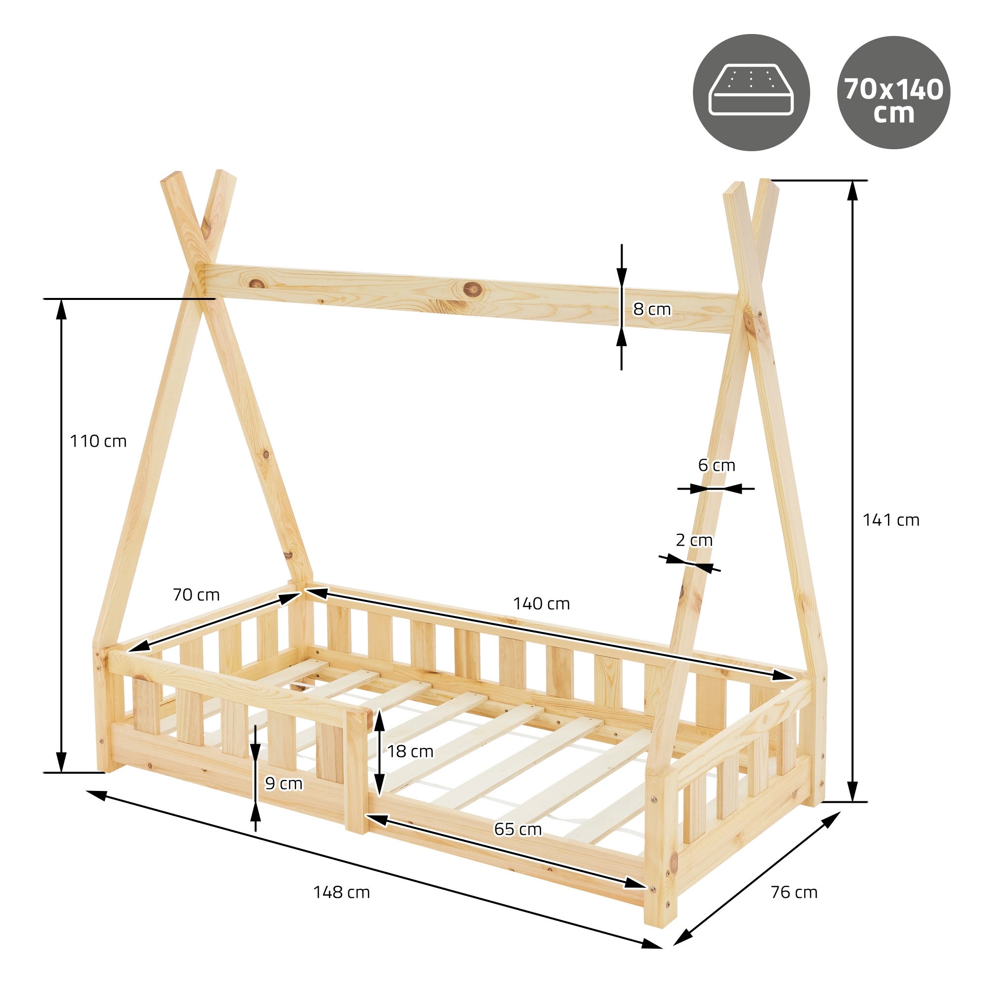 Cadre en bois d'un lit d'enfant avec dimensions et détails, en teinte bois naturel.