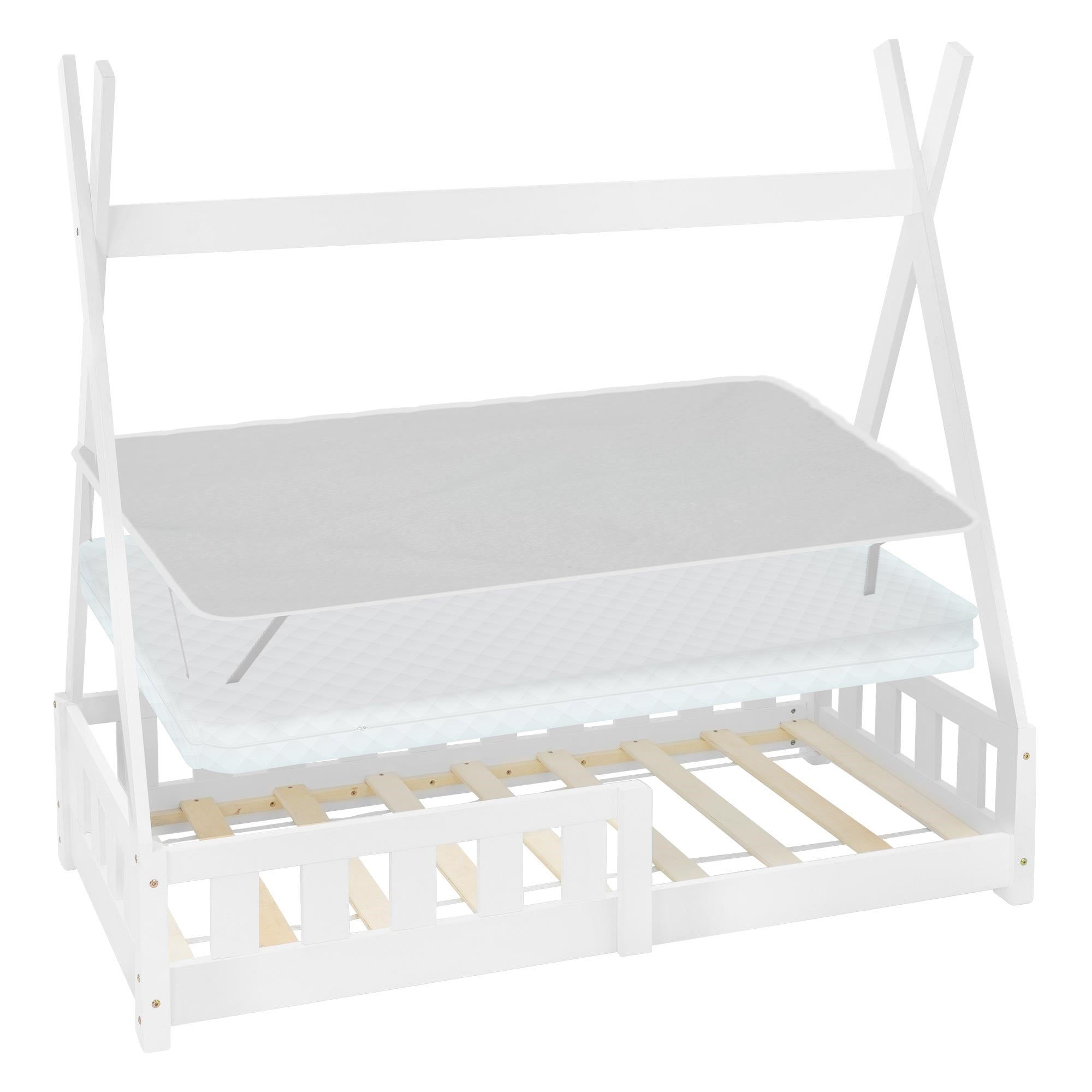 Lit d'enfant blanc avec sommier à lattes et matelas.