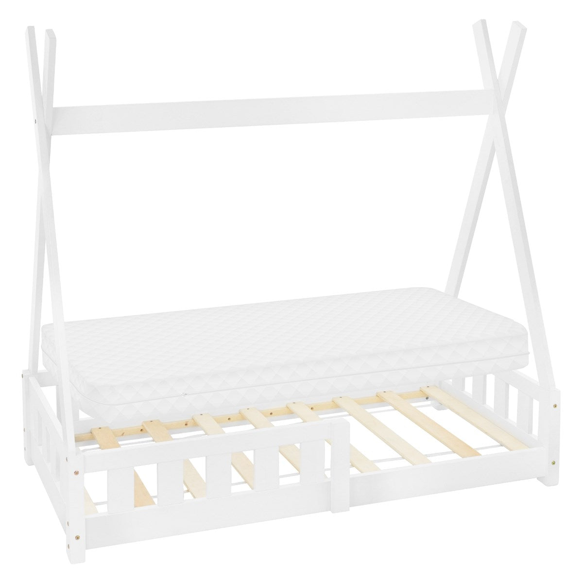 Weißes Kinderbett mit Zeltform und Matratze, Holzlattenrost sichtbar.