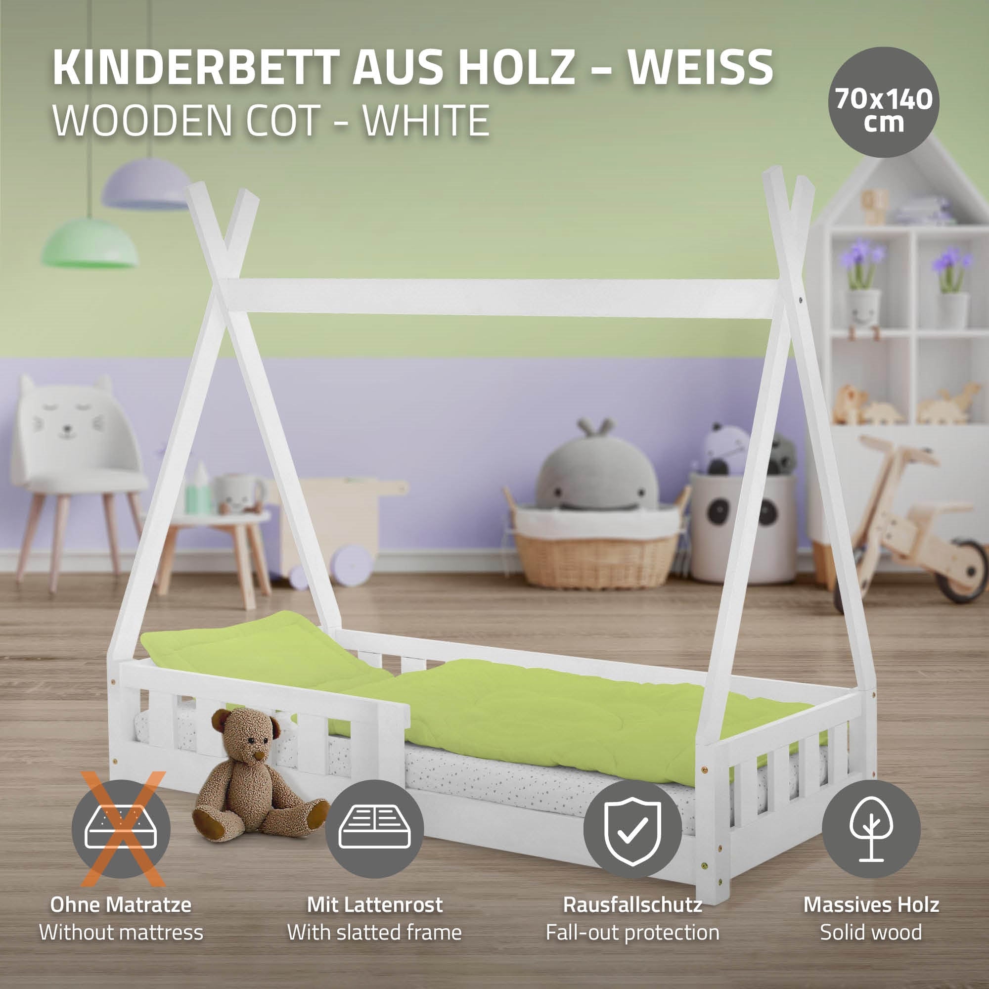 Weißes Kinderbett aus Holz mit Rausfallschutz und Matratze.