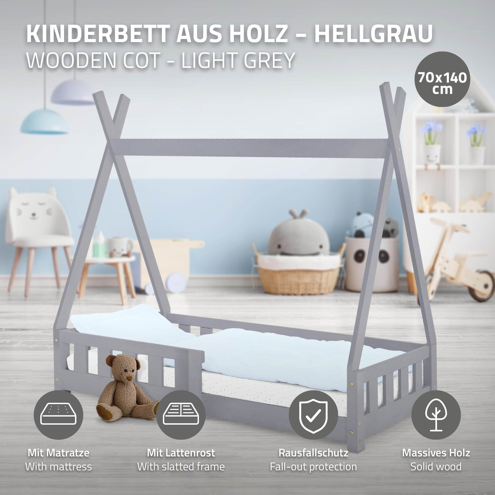 Holz-Kinderbett in hellgrau mit Matratze und Rausfallschutz.