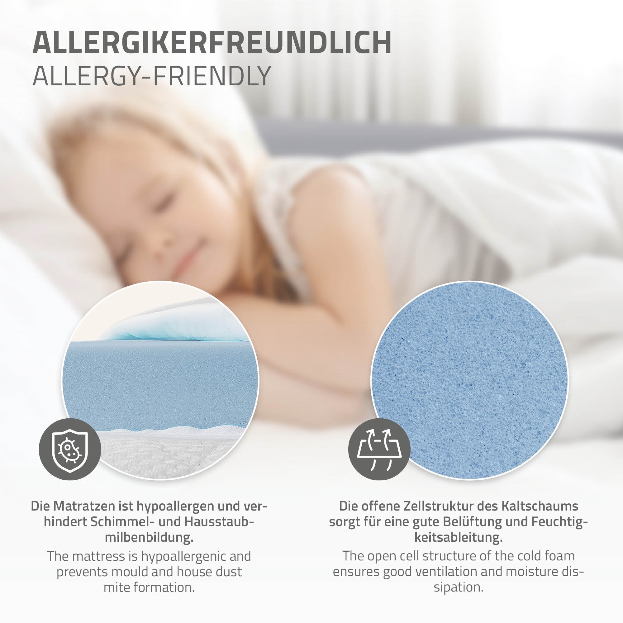 Nahaufnahme einer Matratze mit hypoallergenen Eigenschaften.