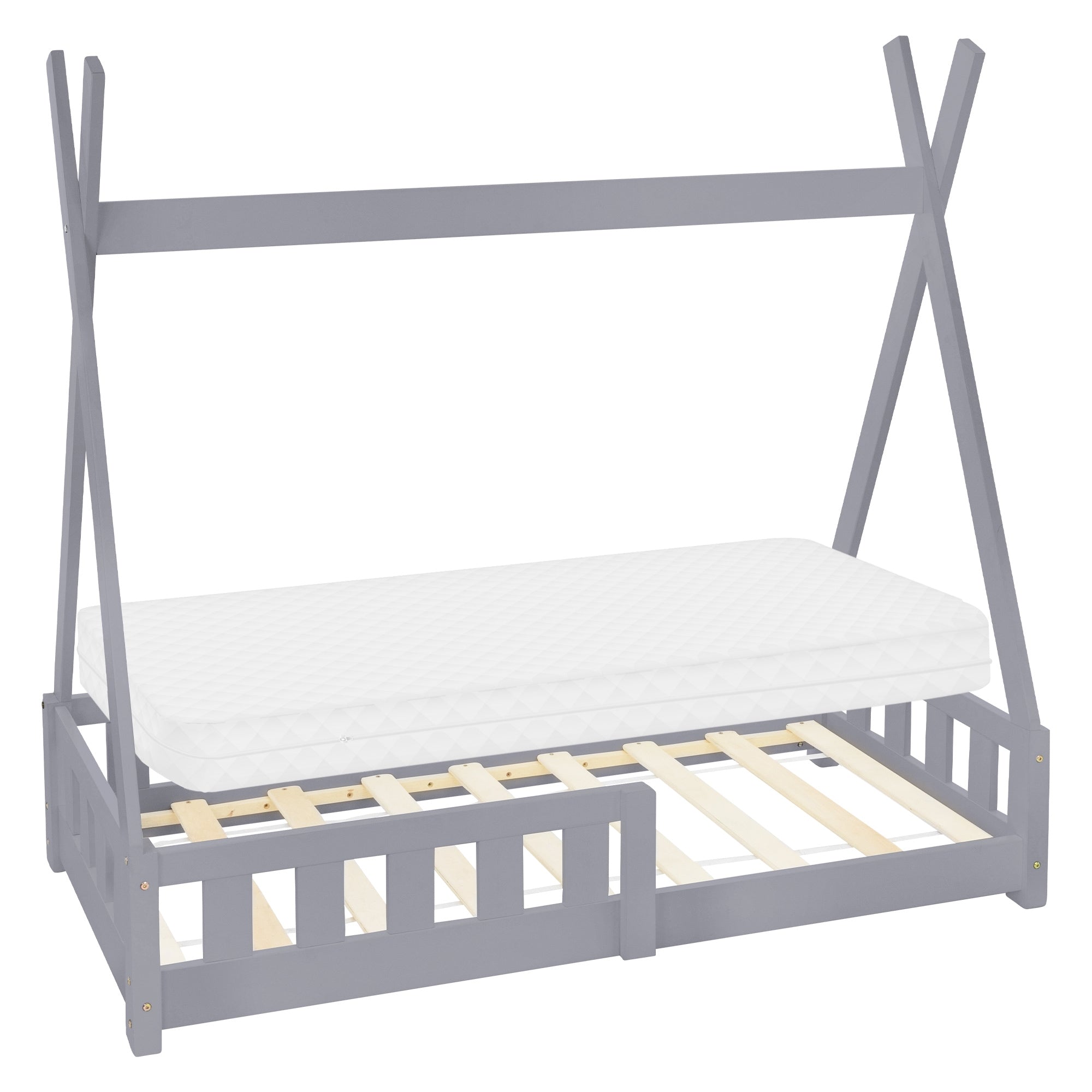Mintfarbenes Kinderbett aus Holz mit Matratze und Lattenrost.