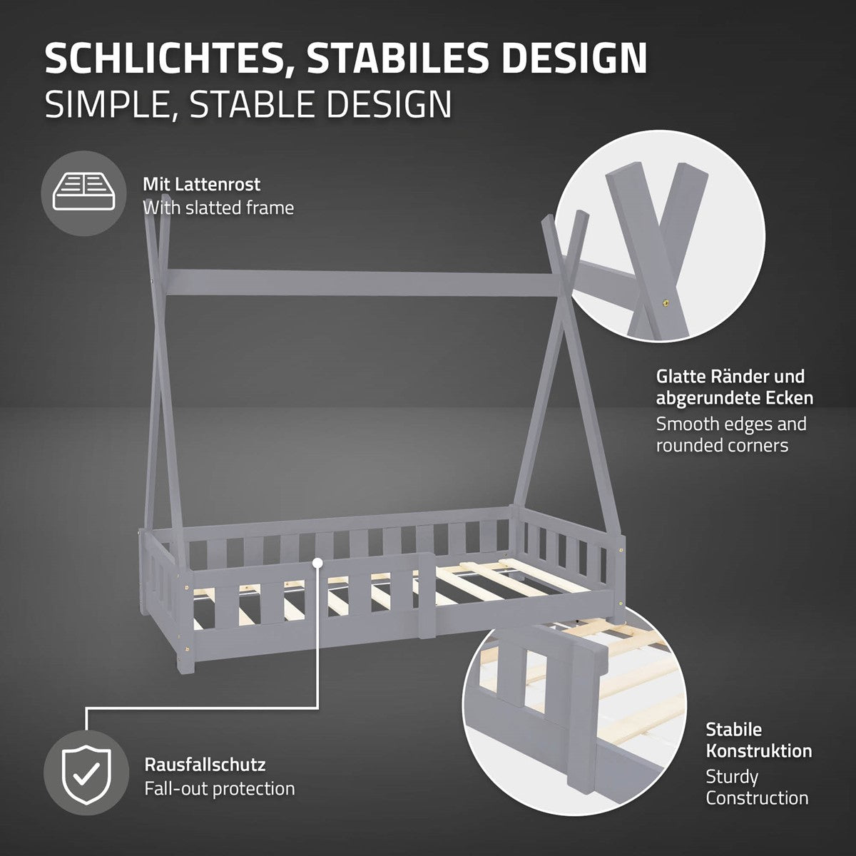 Bed frame with a slatted frame and sturdy construction, rounded corners.