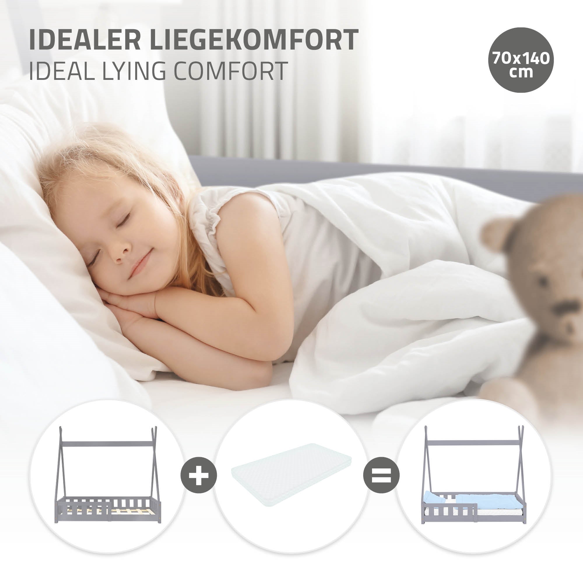 Un enfant endormi sur un matelas avec un lit d'enfant en arrière-plan.