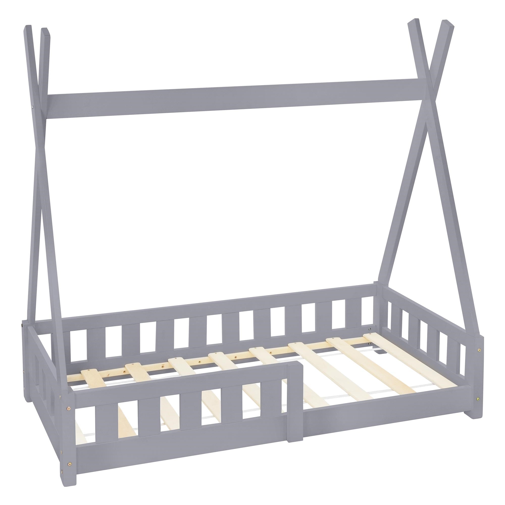 Lit d'enfant en bois gris clair avec sommier à lattes et sans matelas.
