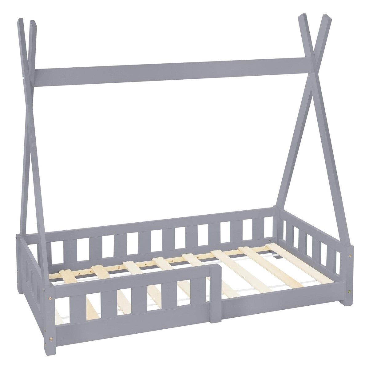 Cama infantil de madeira cinzenta-clara com estrado de ripas e sem colchão.