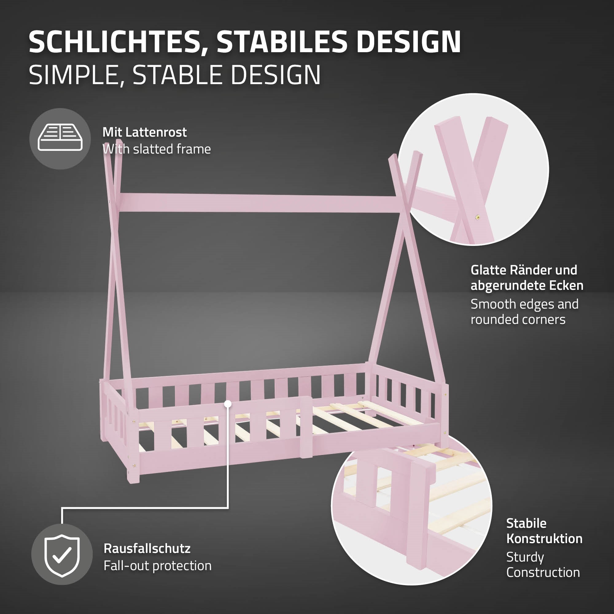 Bett mit stabiler Konstruktion und abgerundeten Ecken.