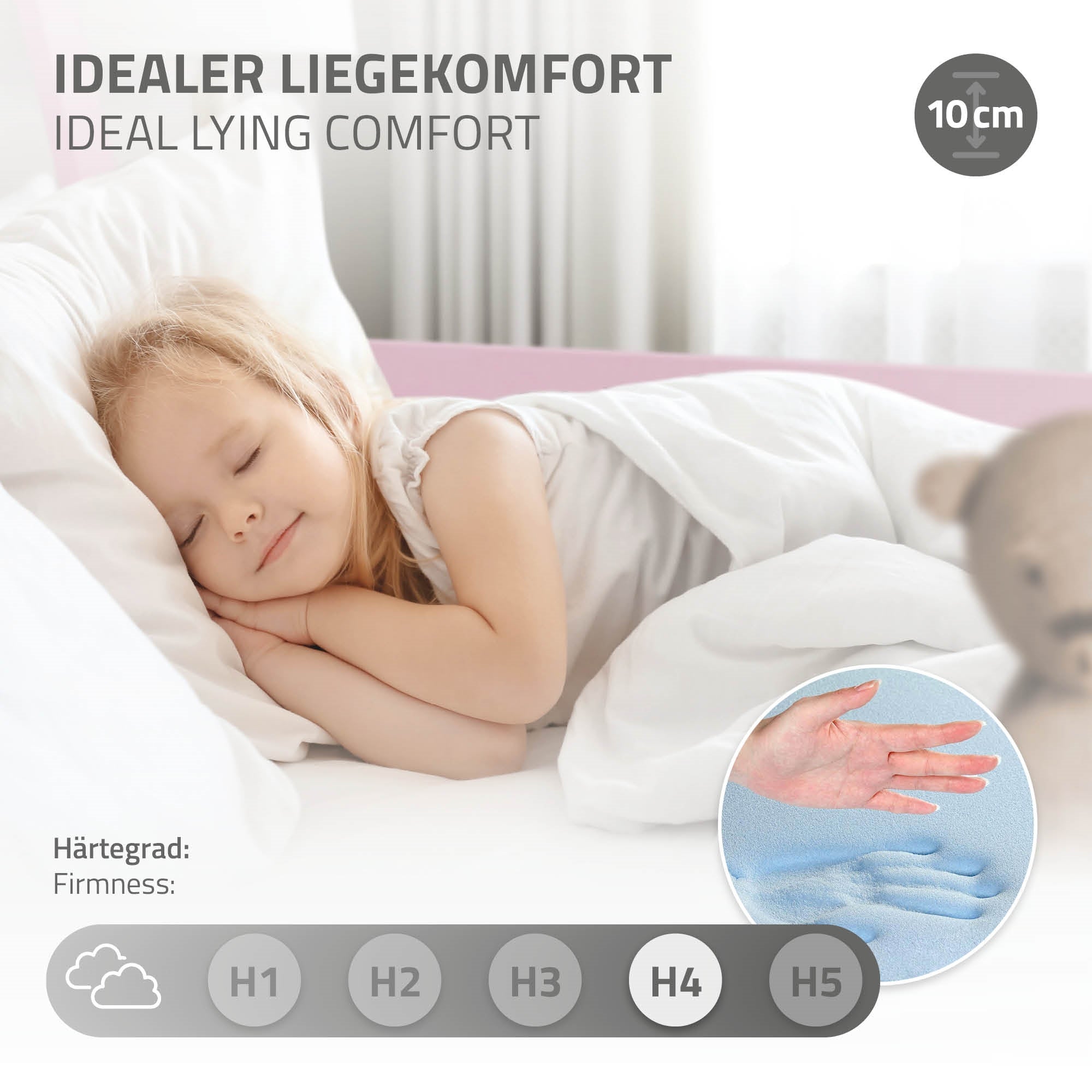 Schlafendes Kind auf Bett, zeigt idealen Liegekomfort und Matratze.