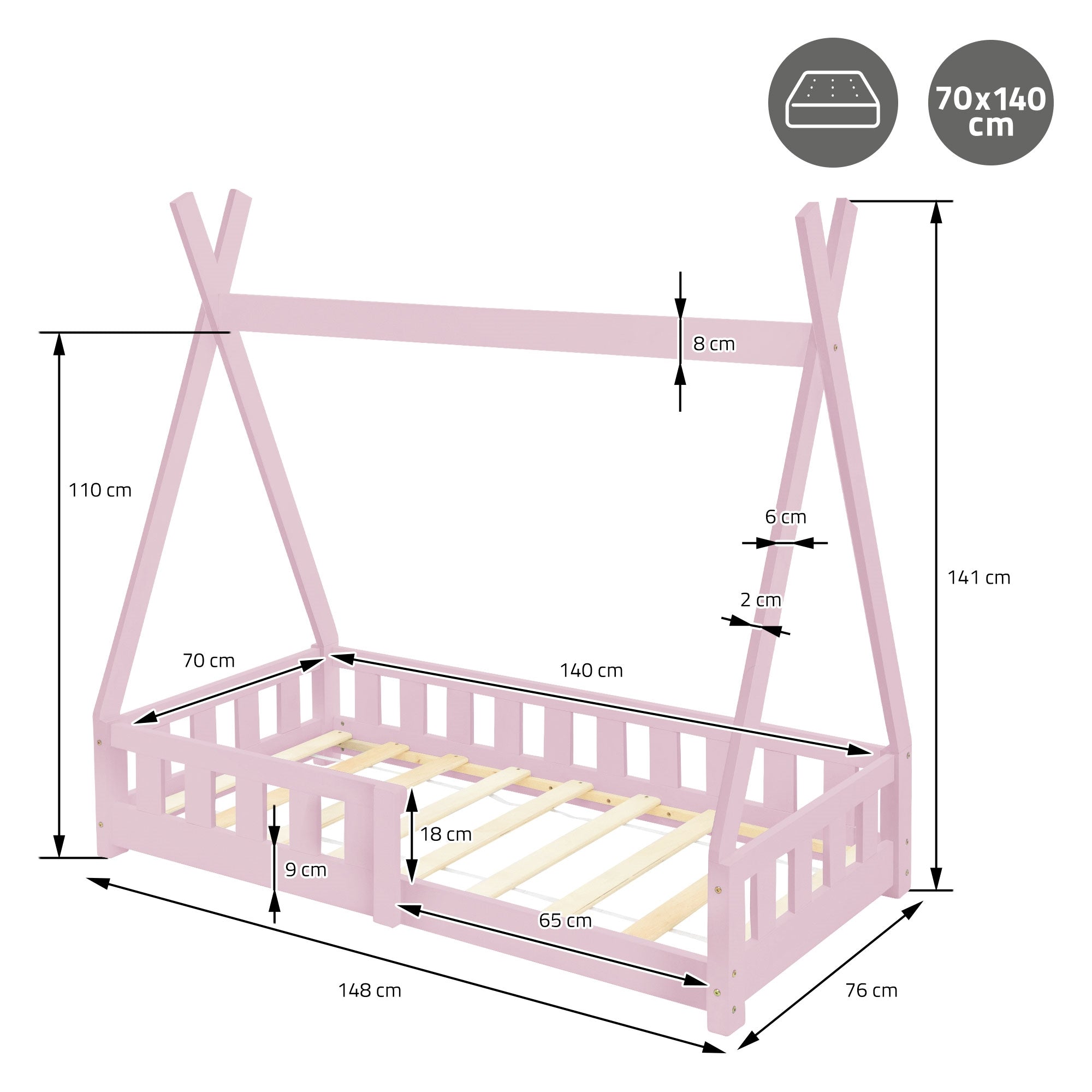 Dibujo de medidas de una cama con dimensiones en cm.