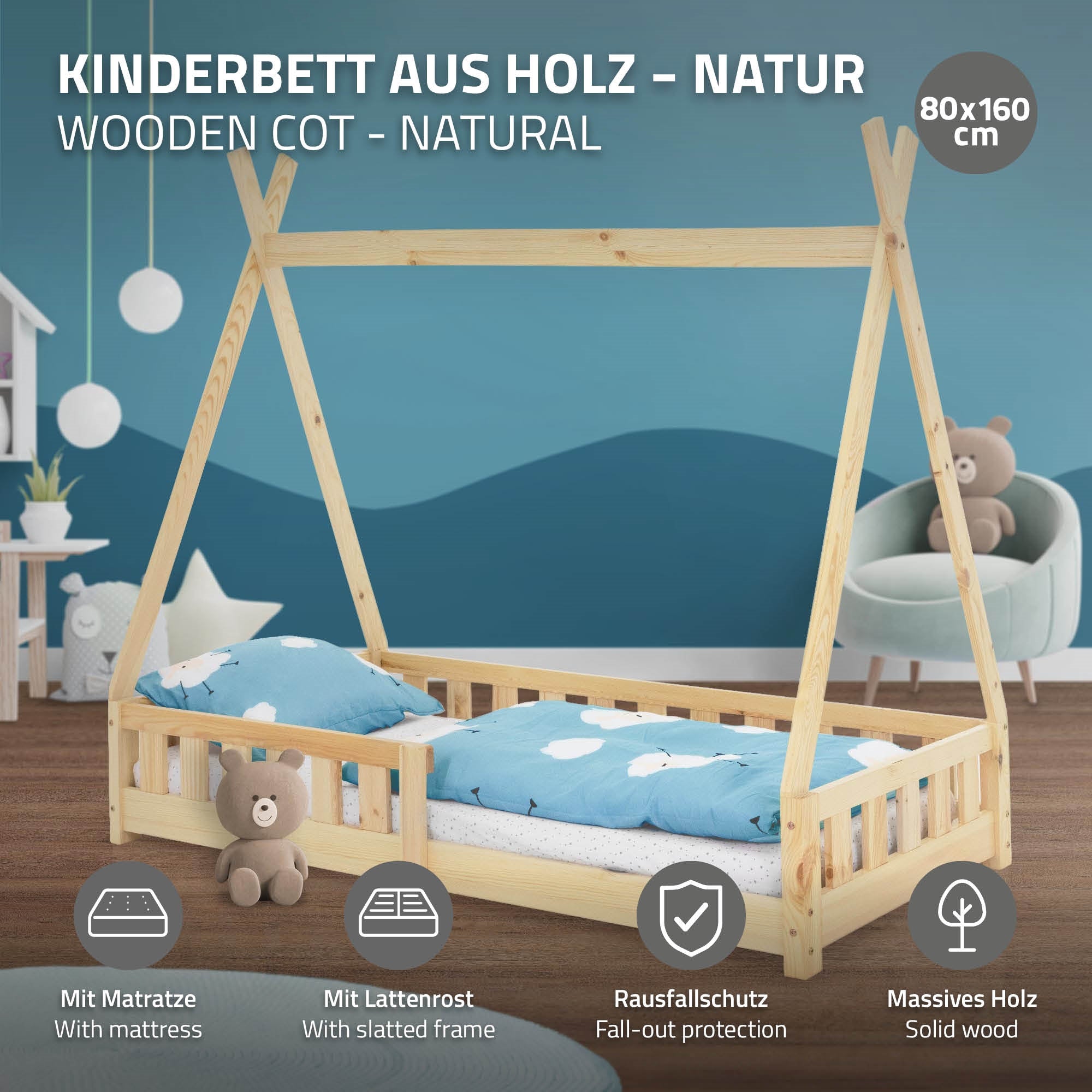 Holz-Kinderbett in Naturfarbe, 80x160 cm, mit Matratze und Rausfallschutz.