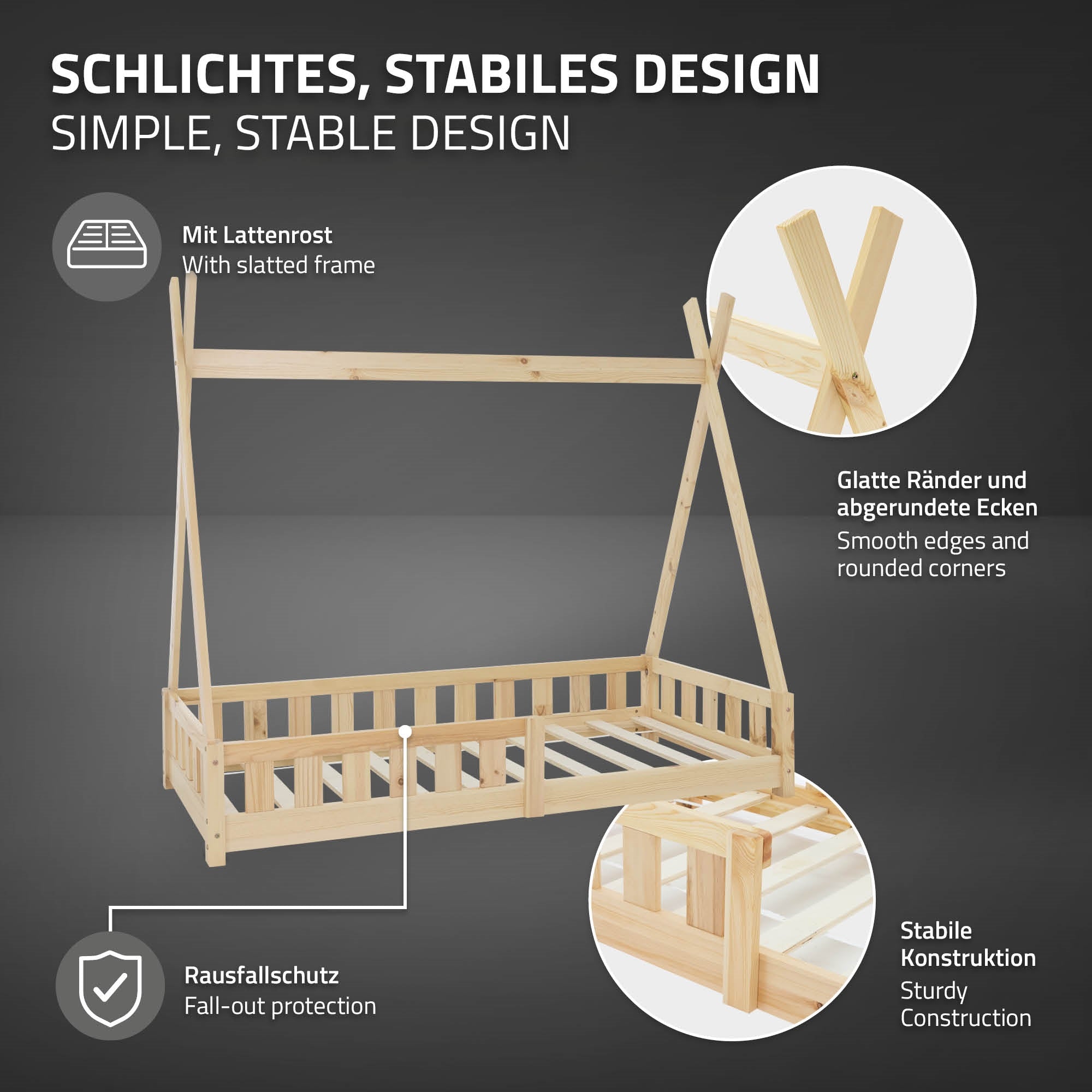 Bett mit slatted frame, glatten Rändern und abgerundeten Ecken.