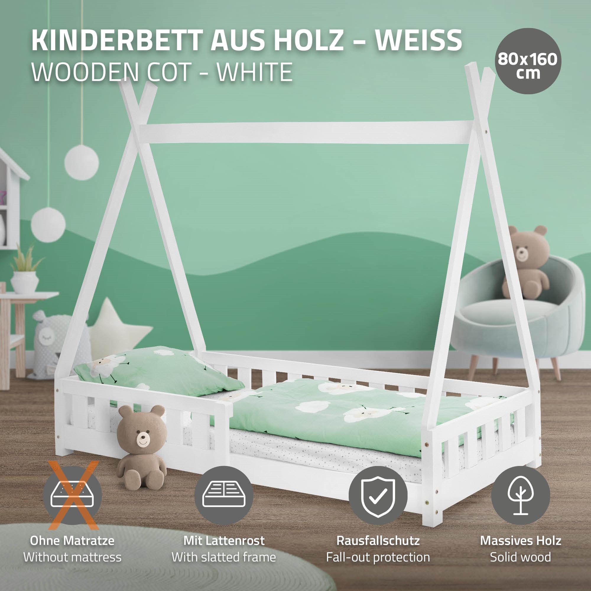 Weißes Kinderbett aus Holz mit Rausfallschutz und ohne Matratze.