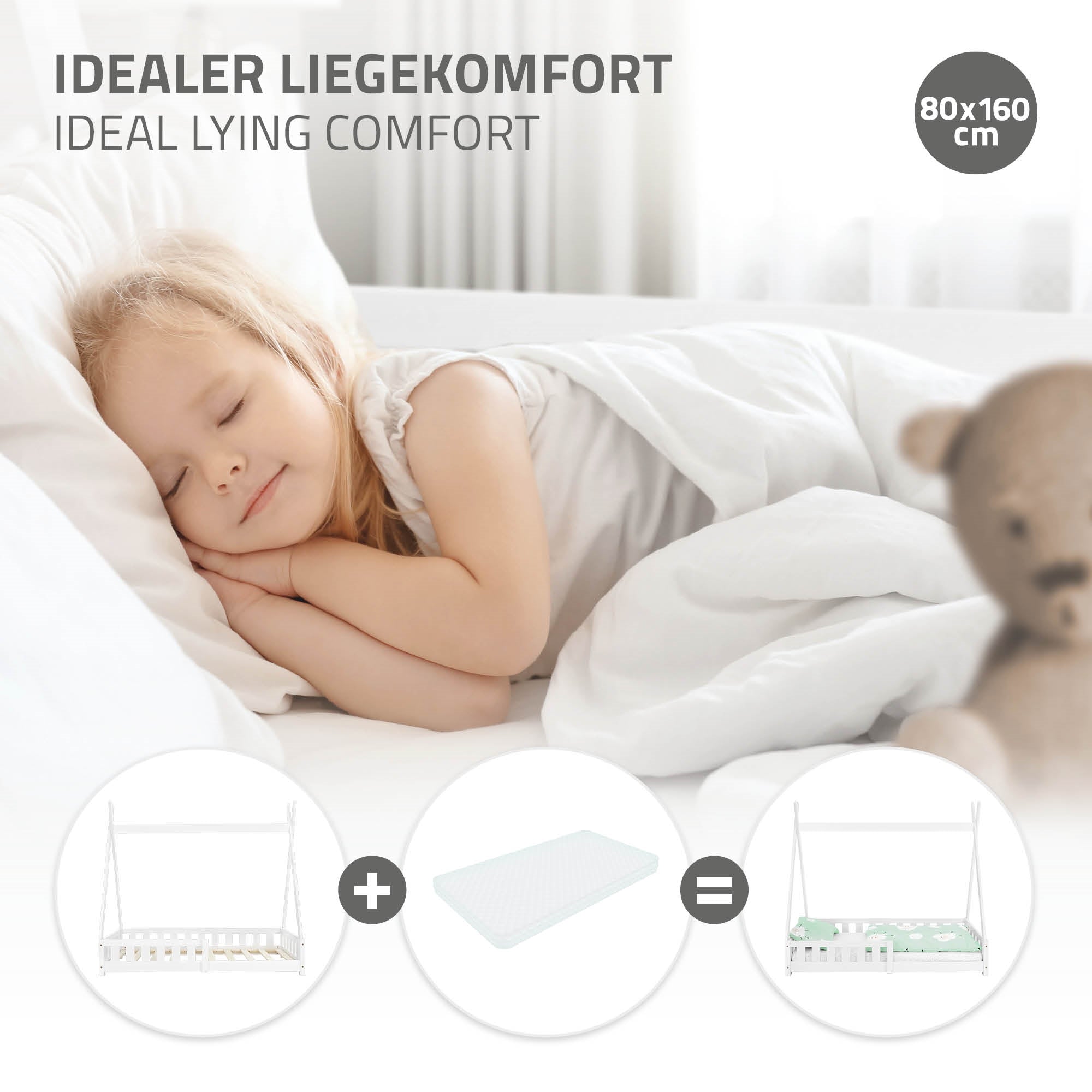Kind schläft im Bett, umgeben von Kissen und Decken.