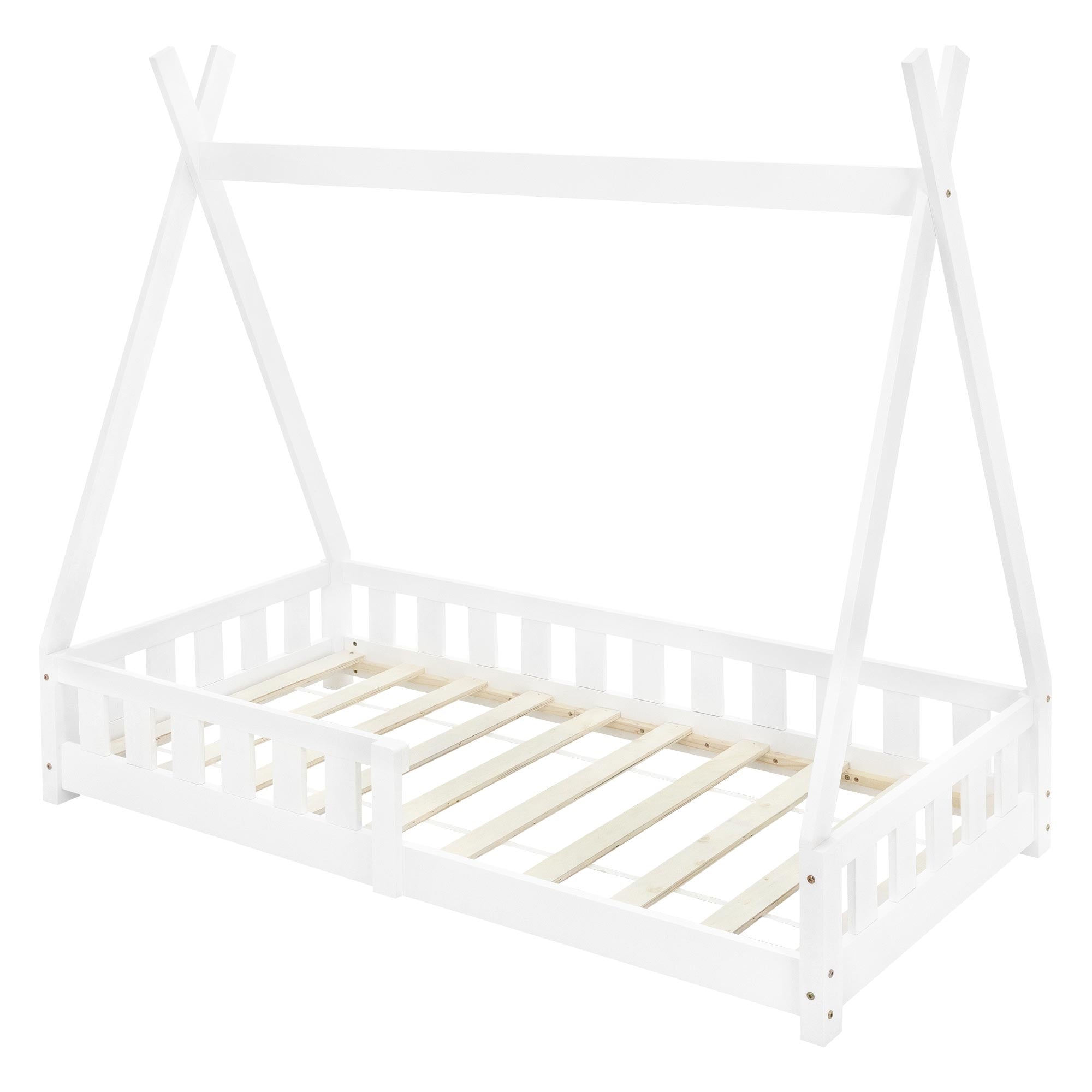 Cuna blanca de madera con somier, sin colchón.