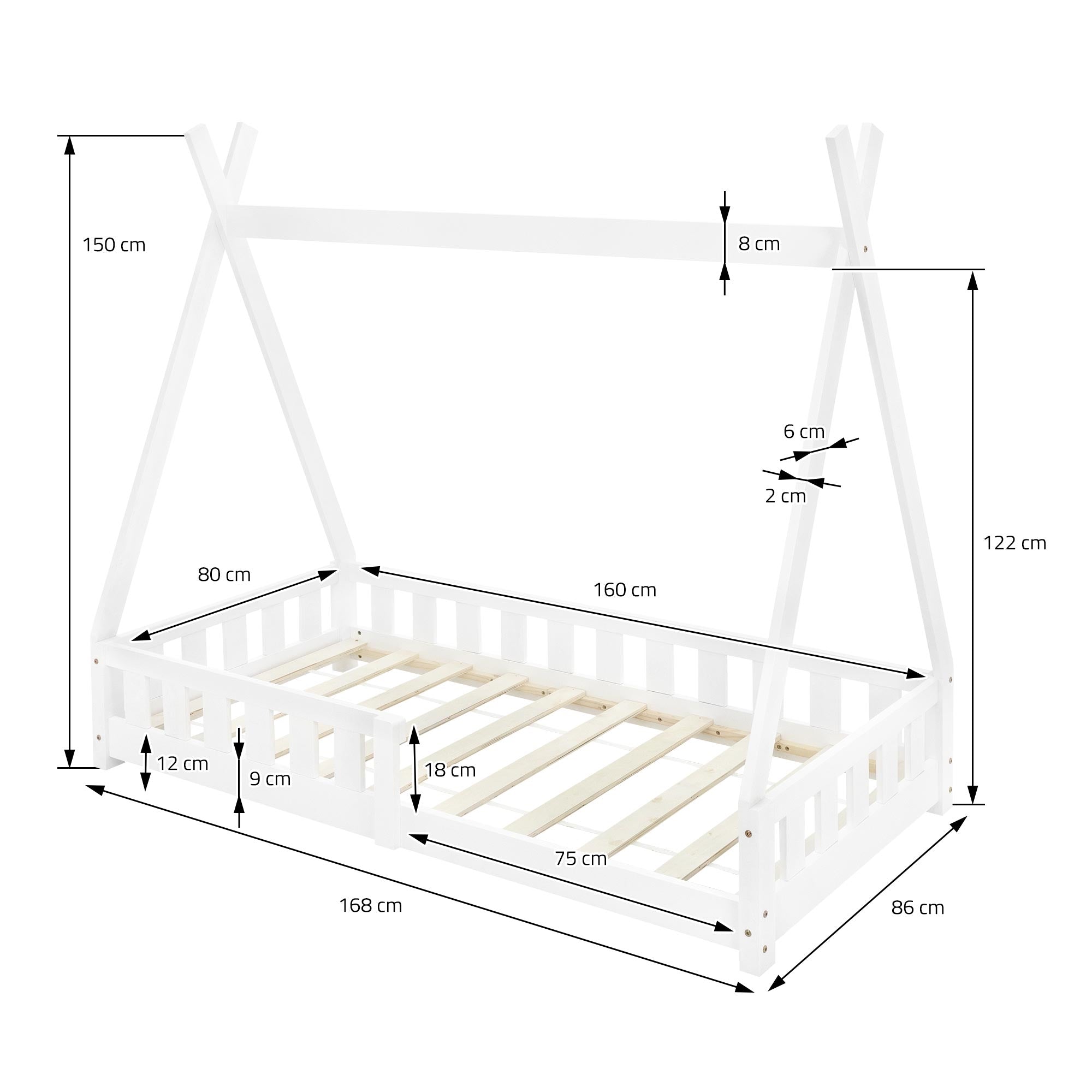 Cama con medidas y construcción robusta.