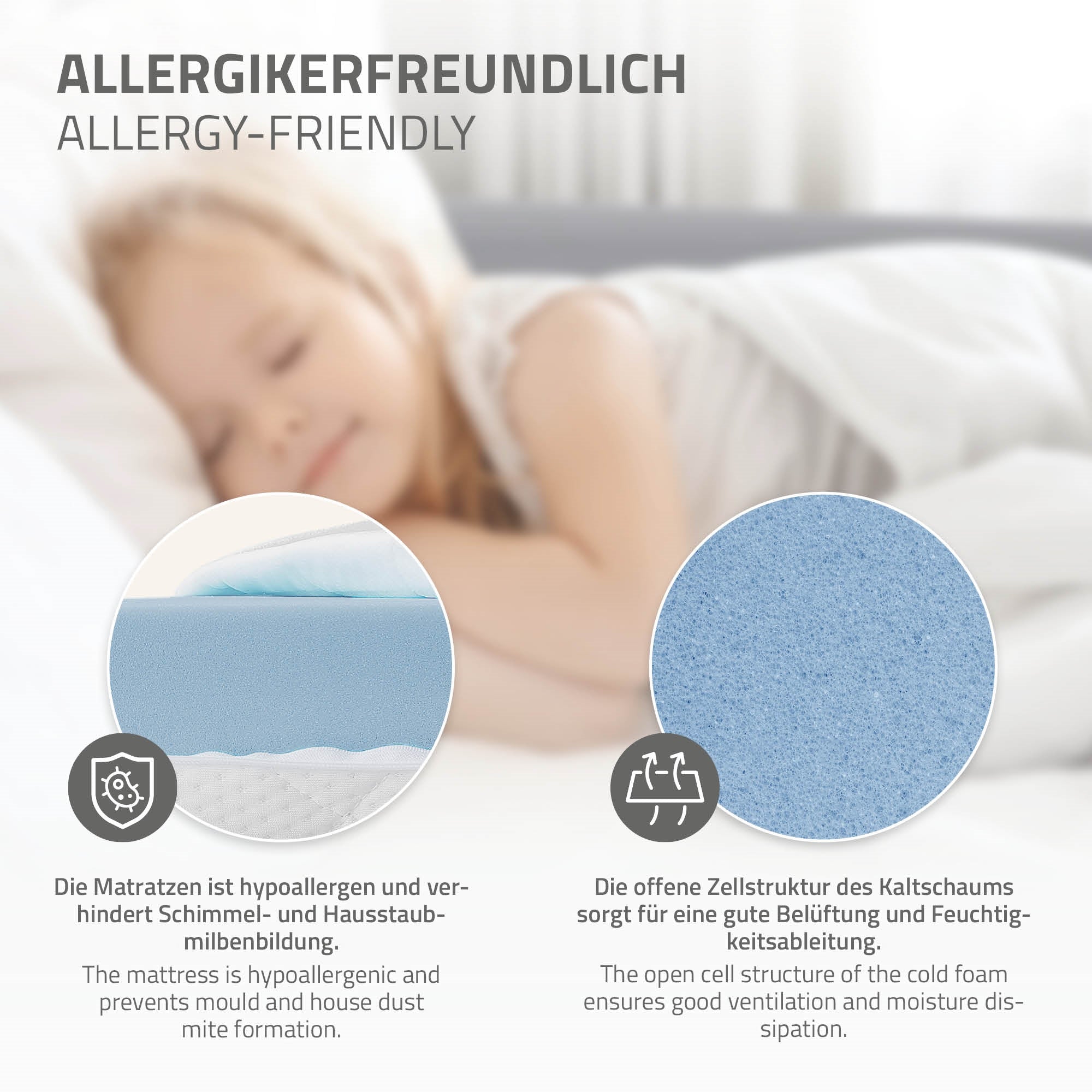 Matratze mit hypoallergenen Eigenschaften und offener Zellstruktur.