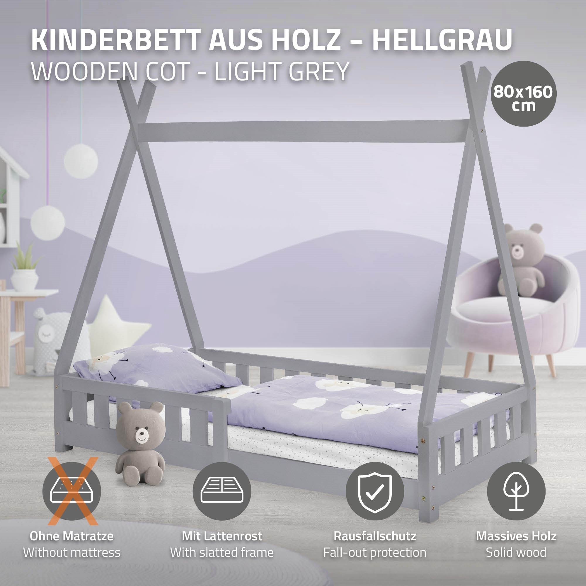 Light gray wooden children's bed without mattress, with fall protection.