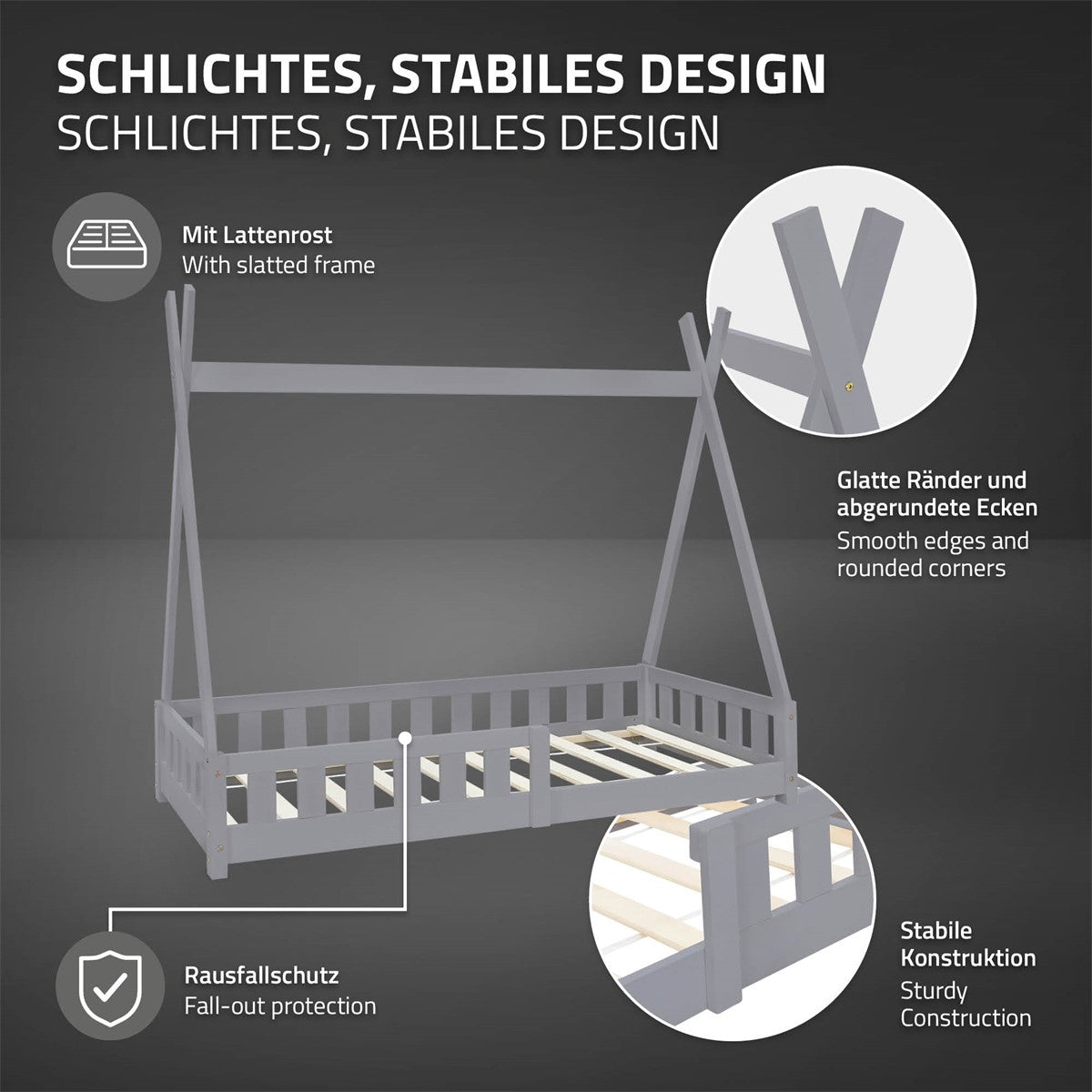 Bett mit slatted frame, glatte Ränder und abgerundete Ecken.