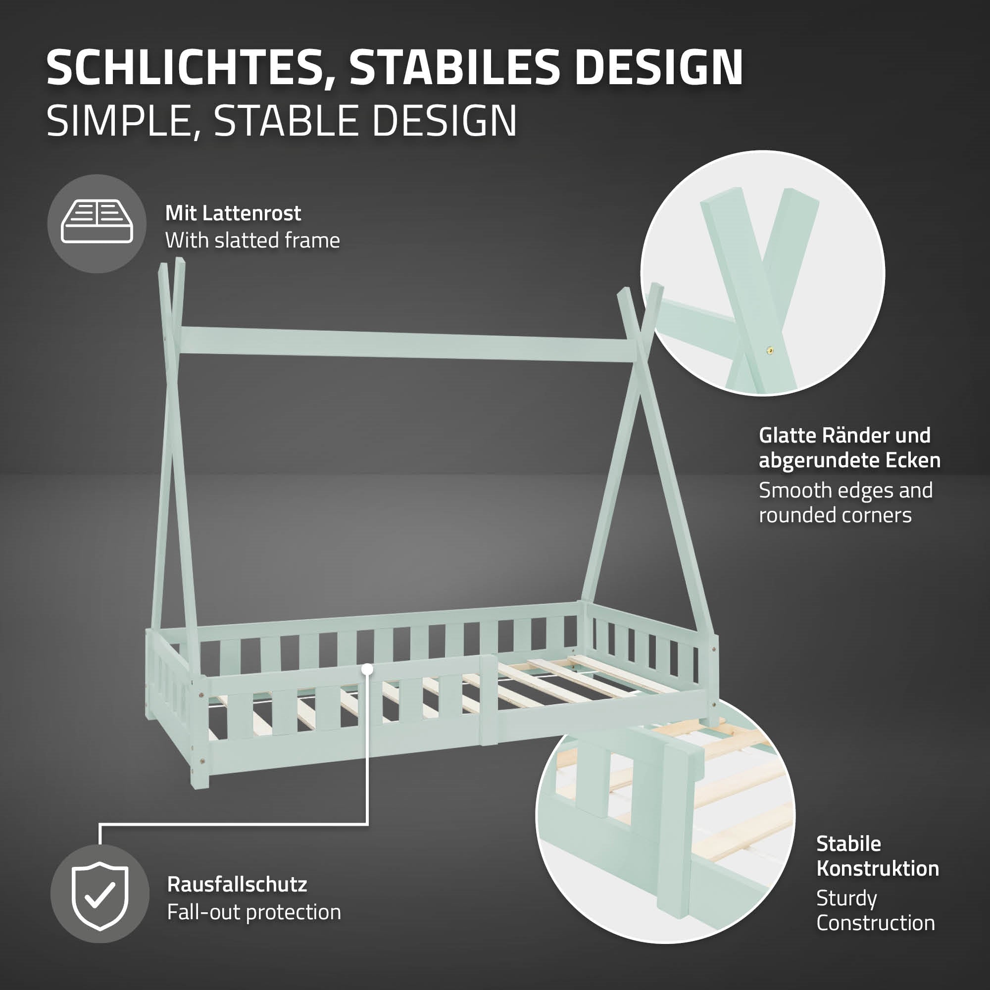 Mintgrünes Kinderbett mit slatted frame und Rausfallschutz.