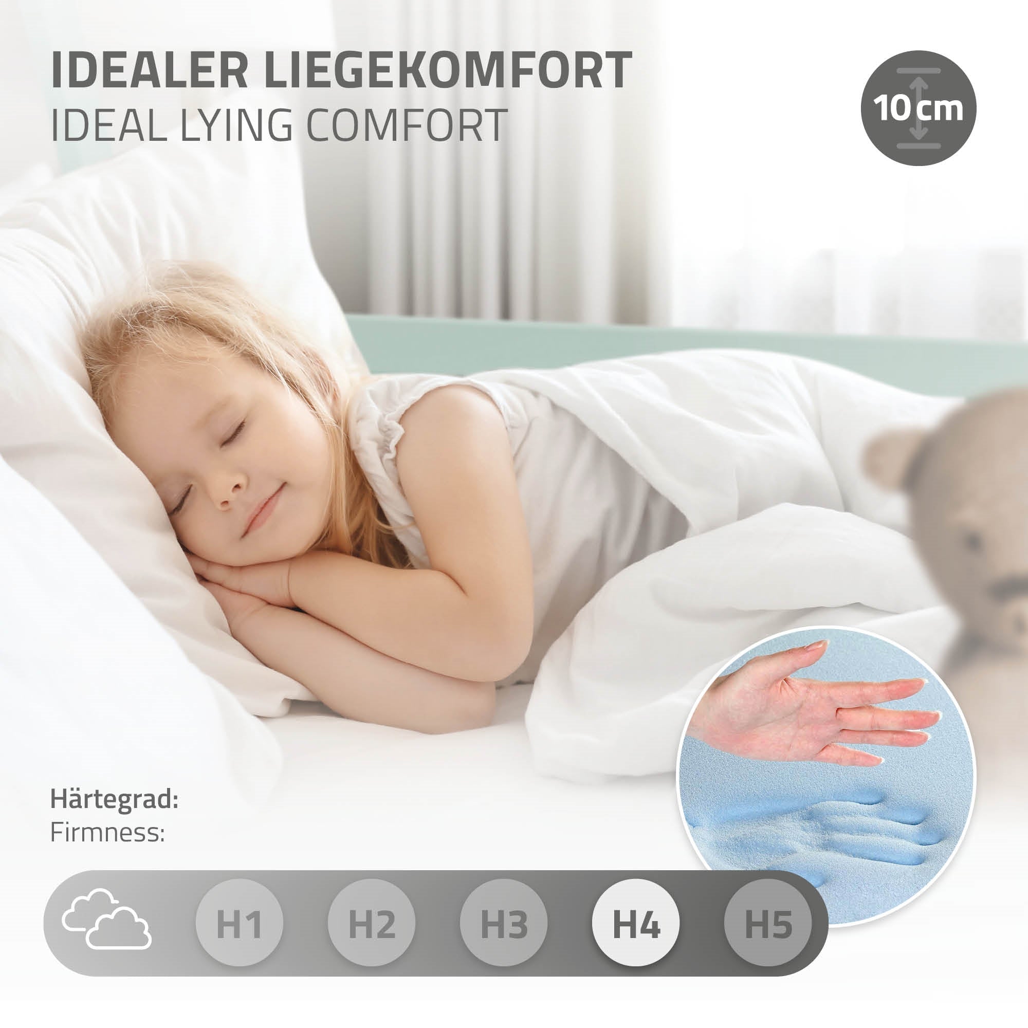 Ein schlafendes Kind auf einer Matratze mit Informationen zum Liegekomfort.