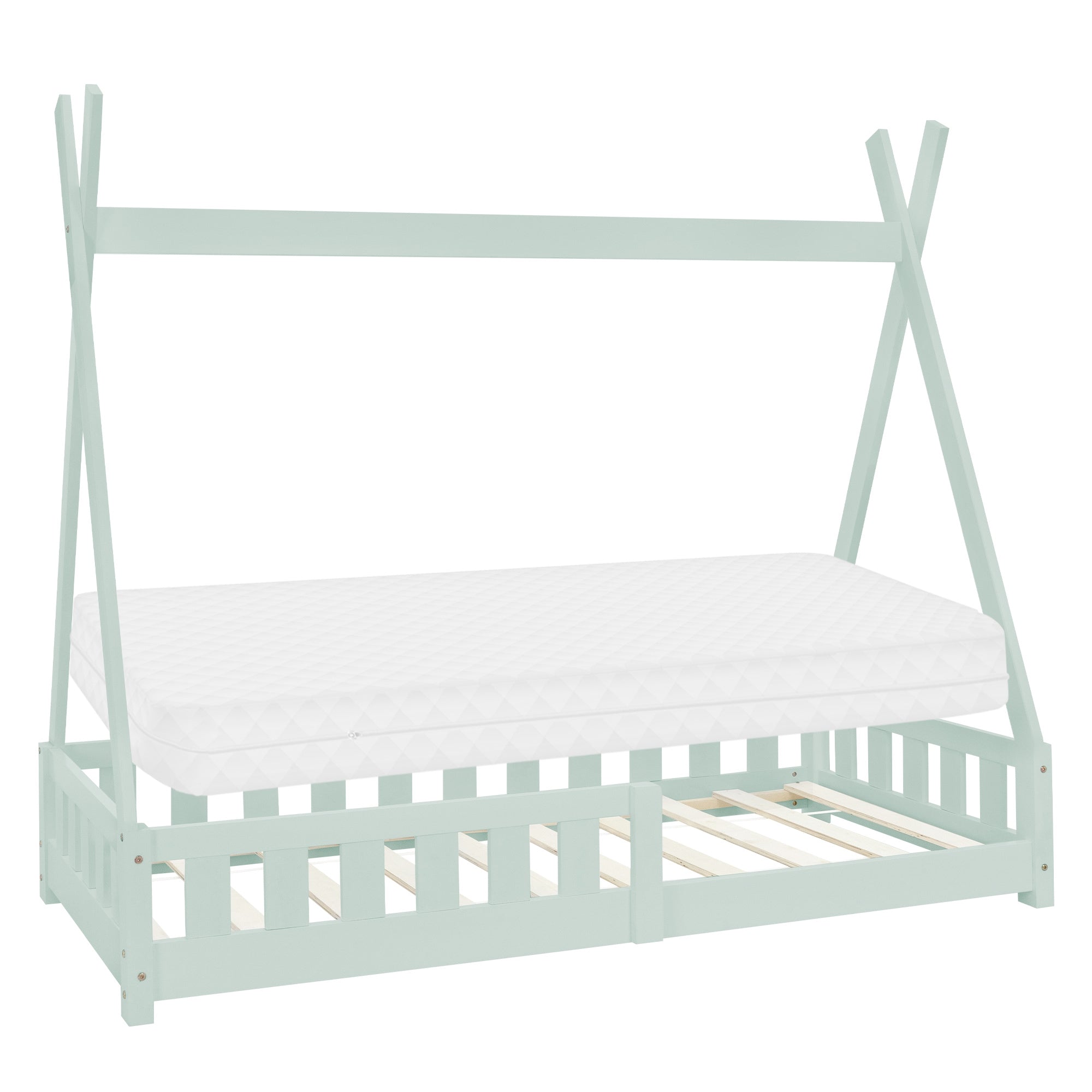 Ein hellgrünes Kinderbett im Zeltstil mit Matratze.