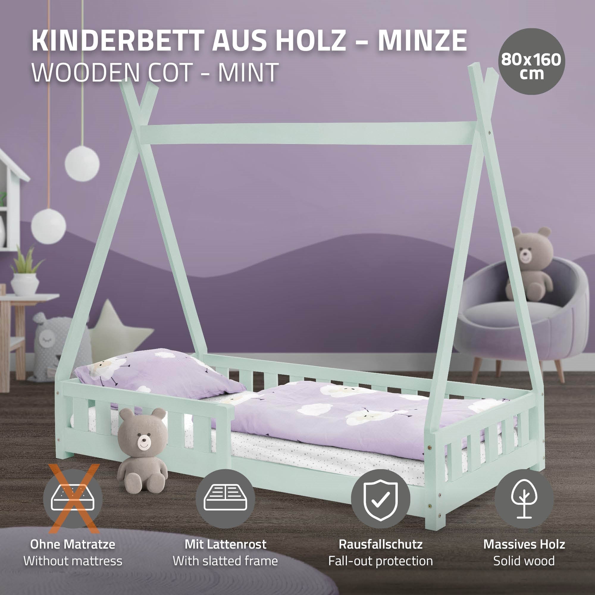 Mintfarbenes Kinderbett aus Holz mit Matratze und Rausfallschutz.