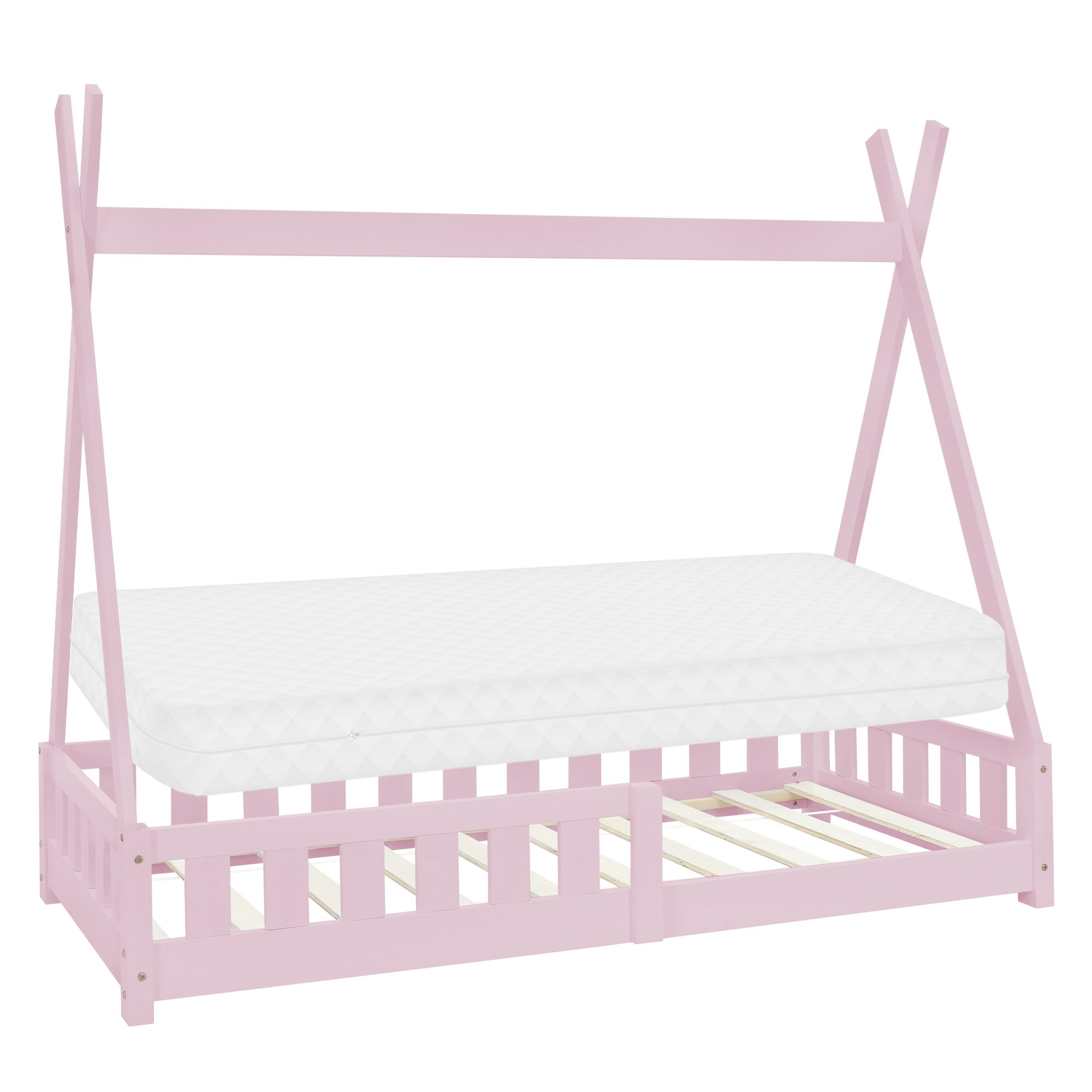 Rosa Kinderbett mit Zeltstruktur und Matratze, Holzrahmen.