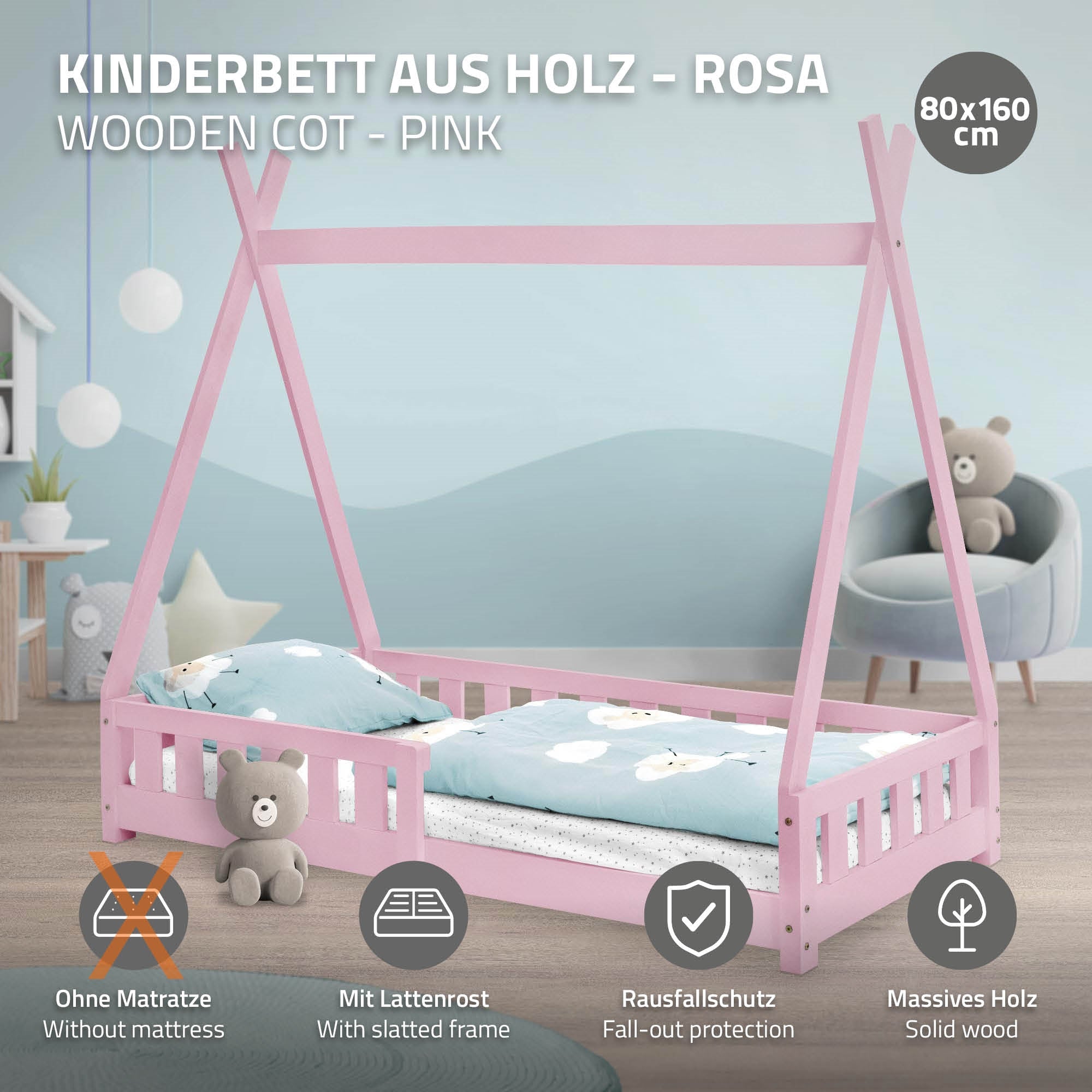 Letto per bambini rosa in legno con due materassi e protezione contro le cadute.