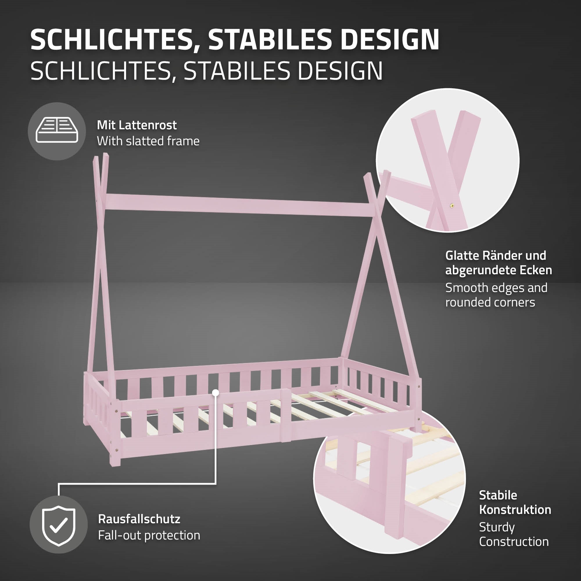 Letto per bambini rosa a forma di tenda, struttura a doghe, costruzione stabile, angoli arrotondati.