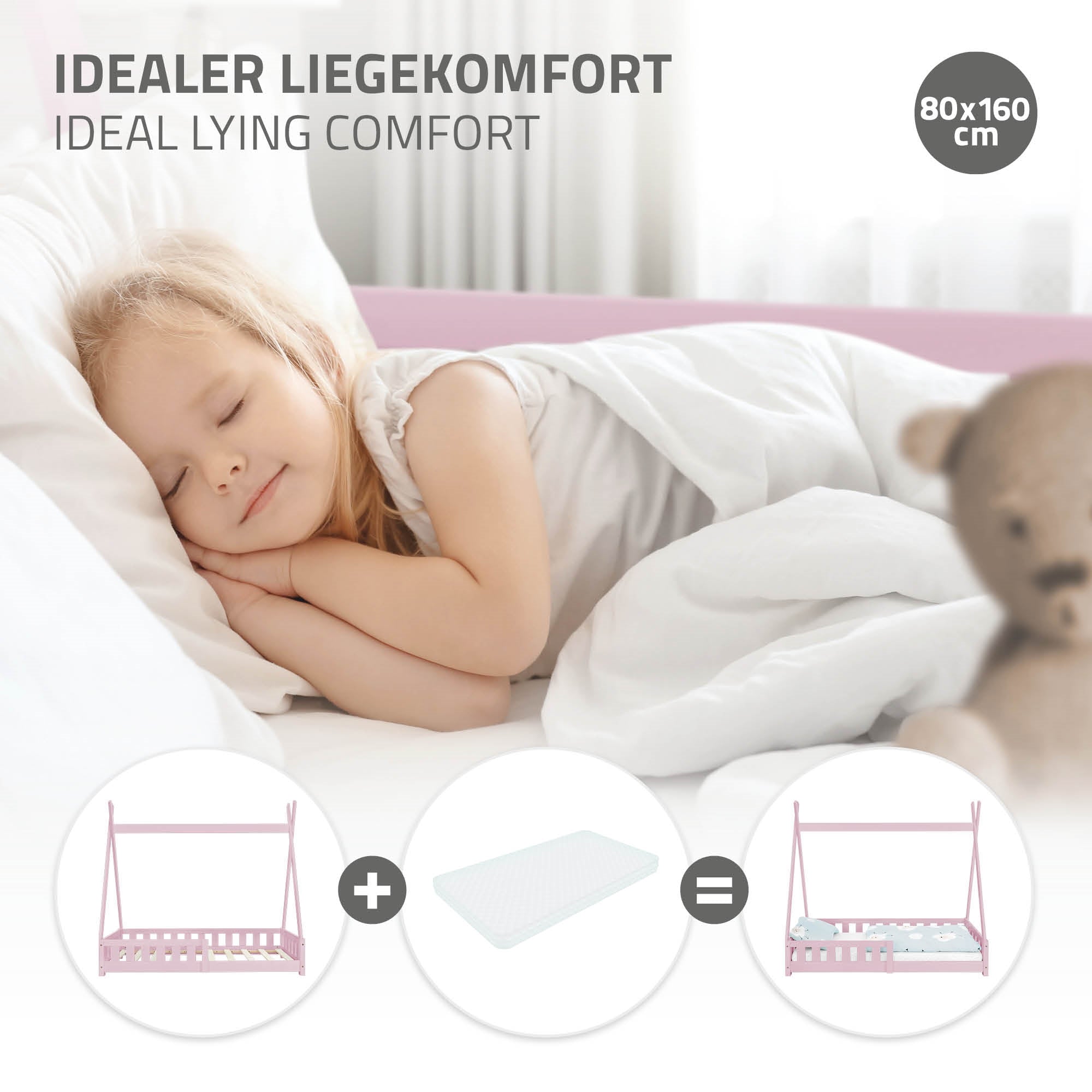 Een kind slaapt op een bed met een witte deken.