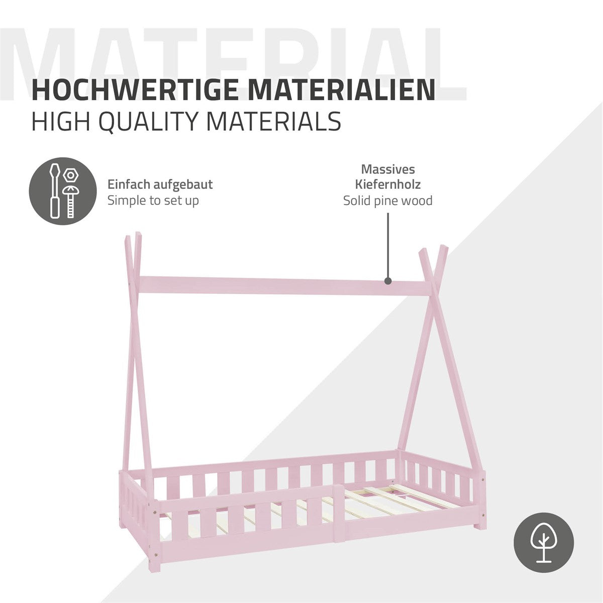 Ein rosa Kinderbett aus massivem Kiefernholz mit einem Zelt-Design.
