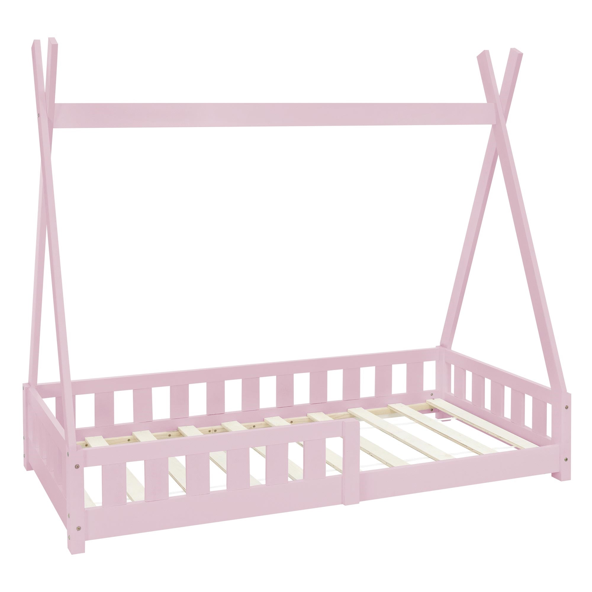 Roze bed met tentstructuur, zijaanzicht zonder matras.