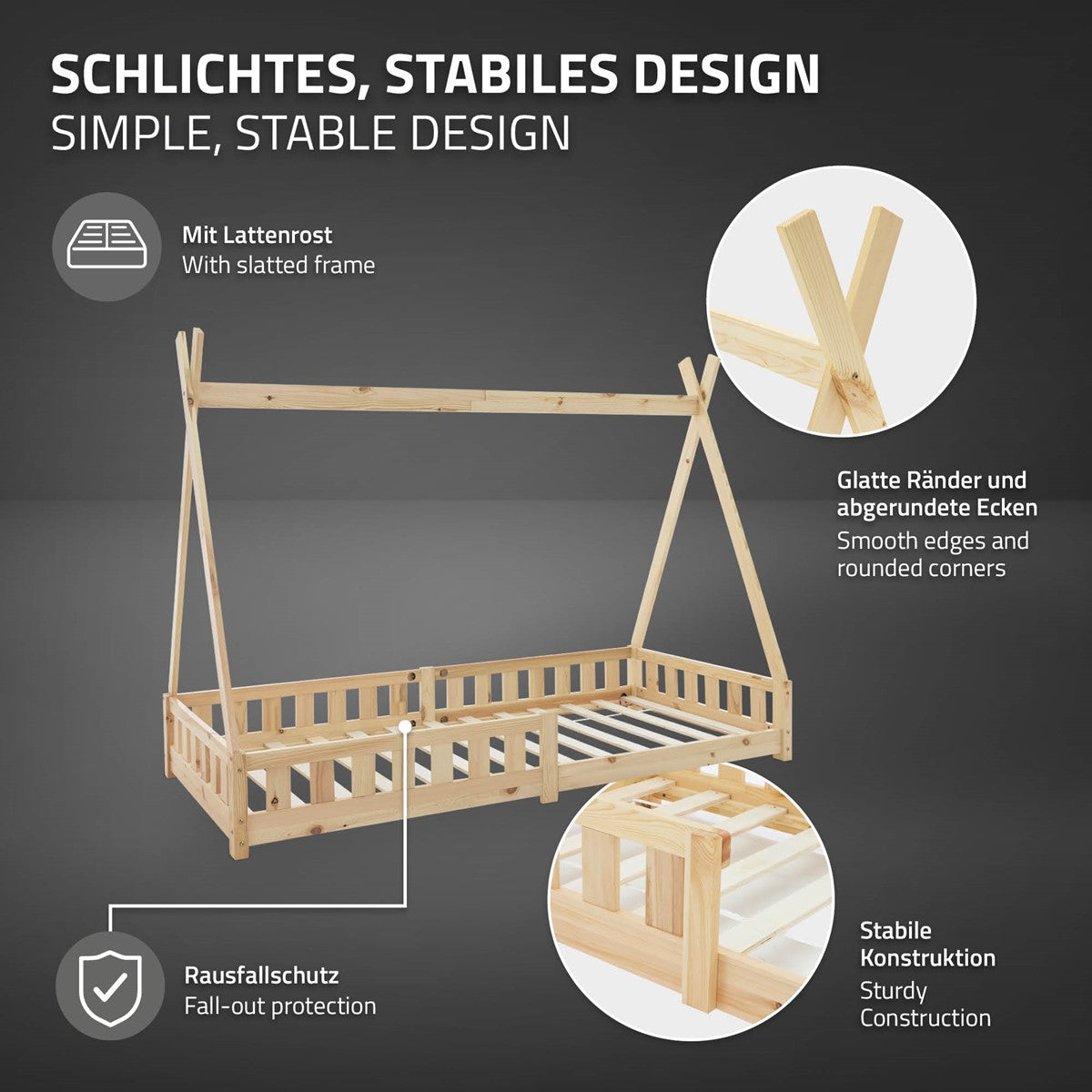 Holzbett mit slatted frame und stabiler Konstruktion.