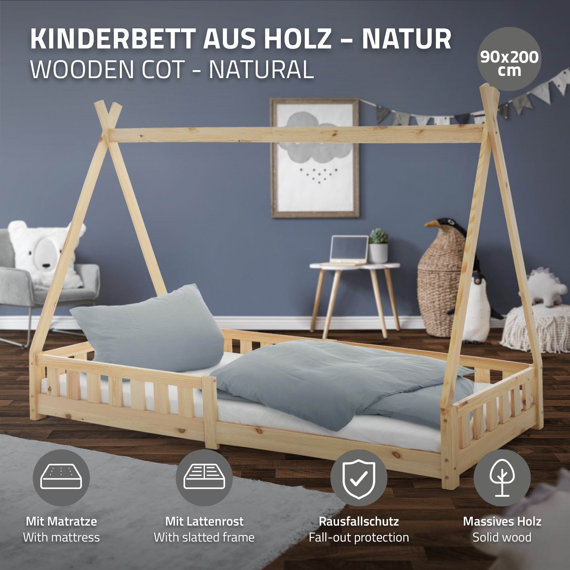 Letto per bambini in legno con materasso, 90x200 cm, in legno naturale.