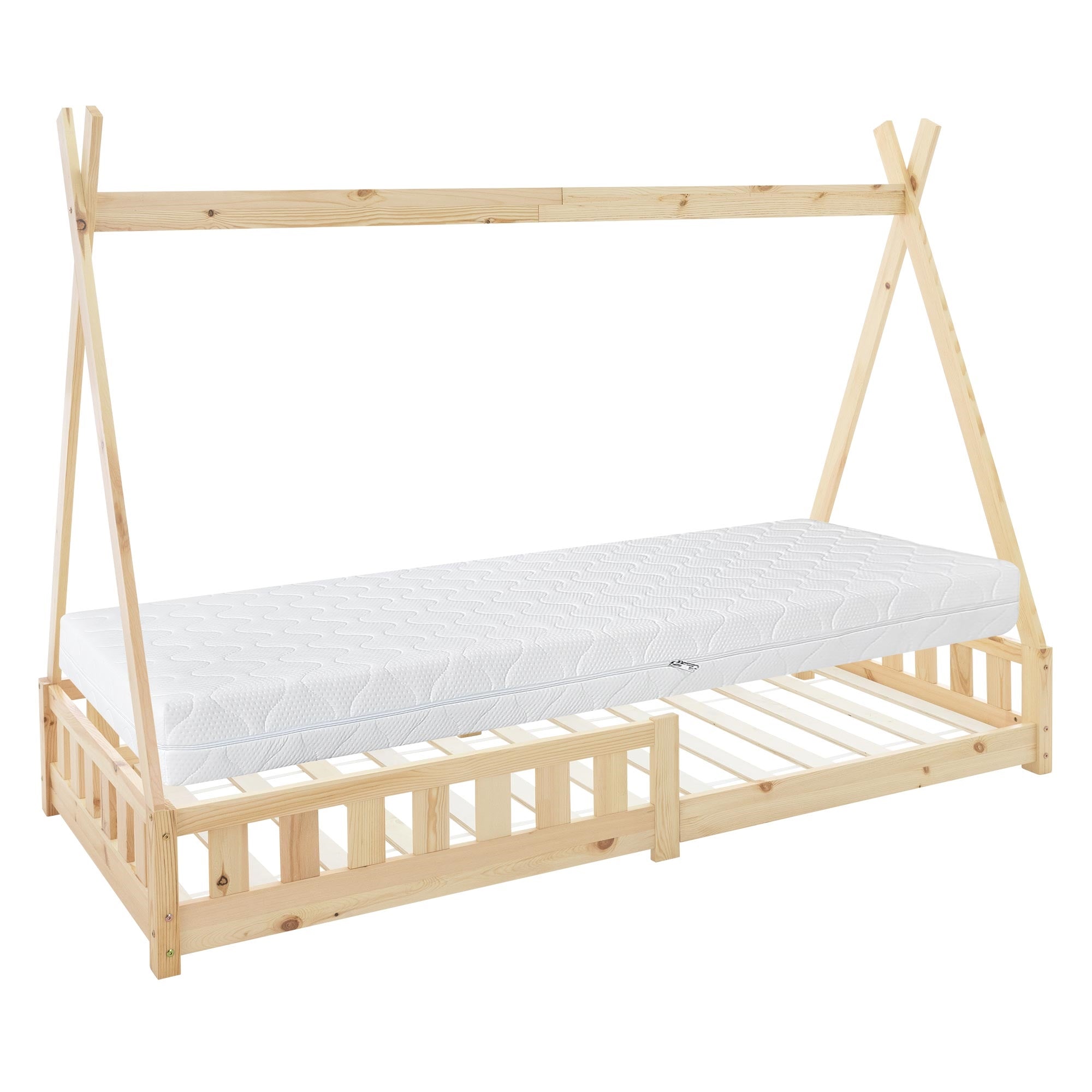 Letto in legno con materasso, in costruzione semplice e stabile.