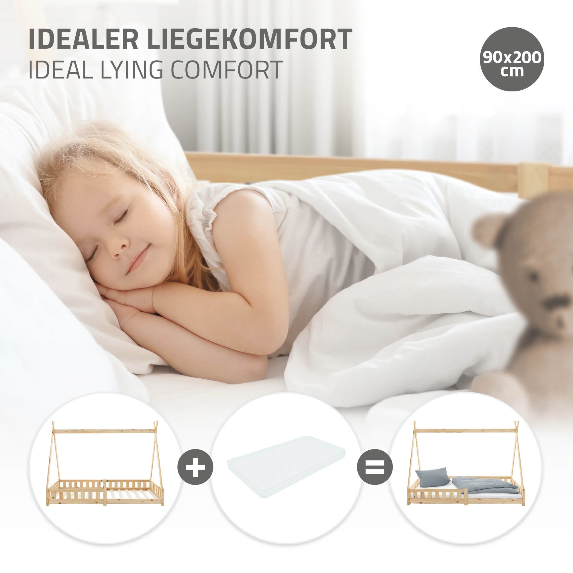 Ein schlafendes Kind auf einem Bett mit einer weißen Decke.