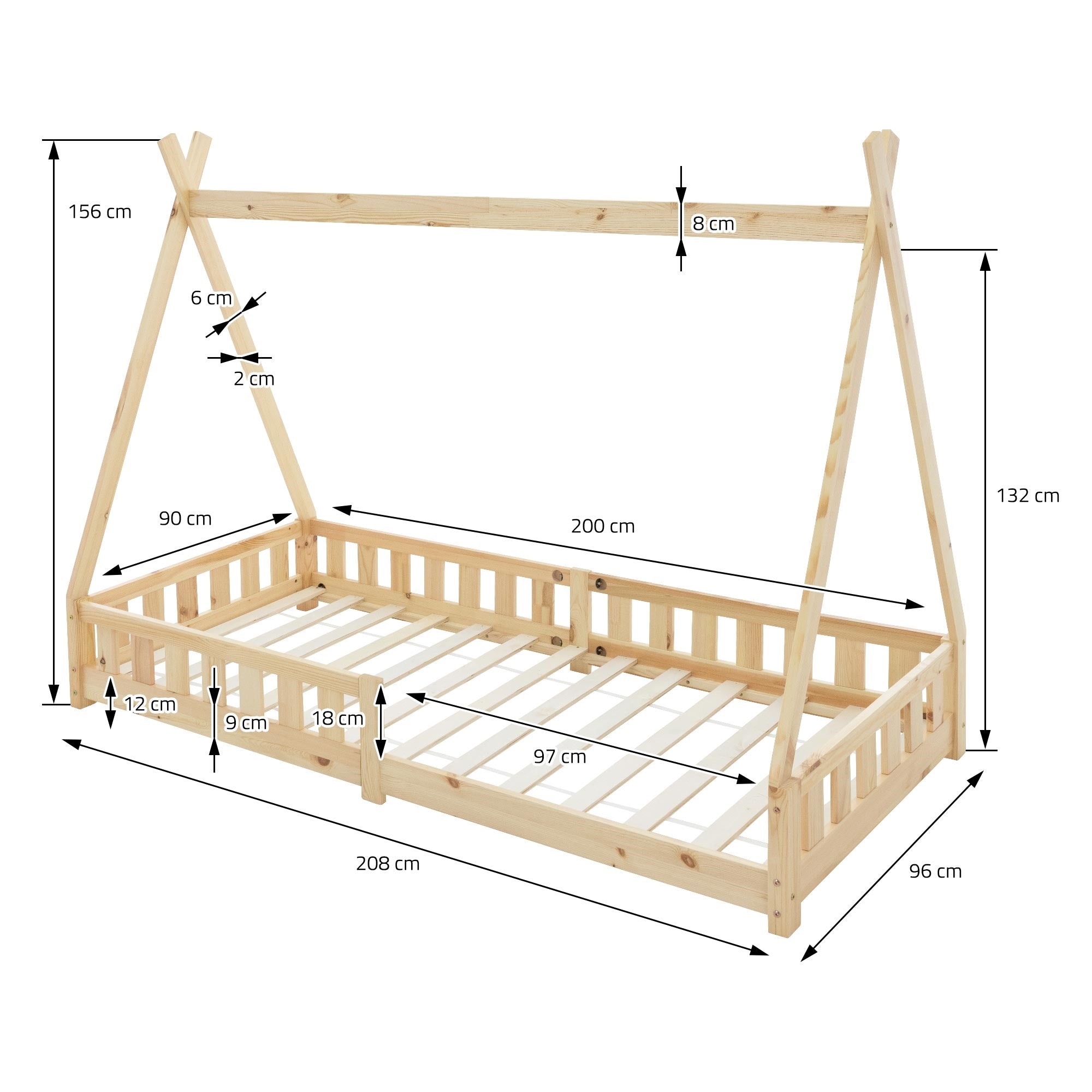 Disegno di un letto in legno con dimensioni e dettagli.